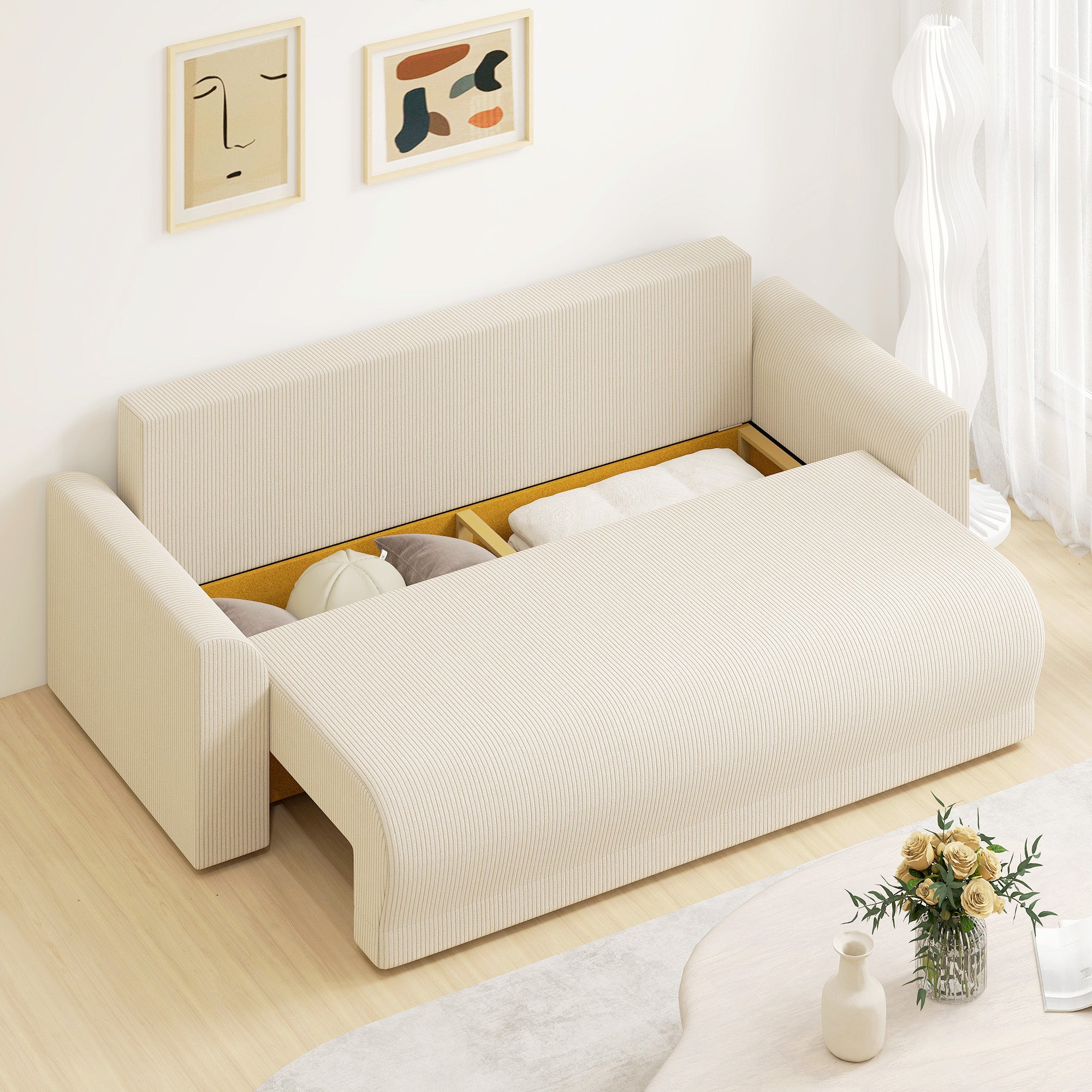 3-Seater Sofa Bed with Storage, Wide Deep Seat & 9 Cushions, Corduroy - Beige (Converts to 74.8" x 59.1" Bed)