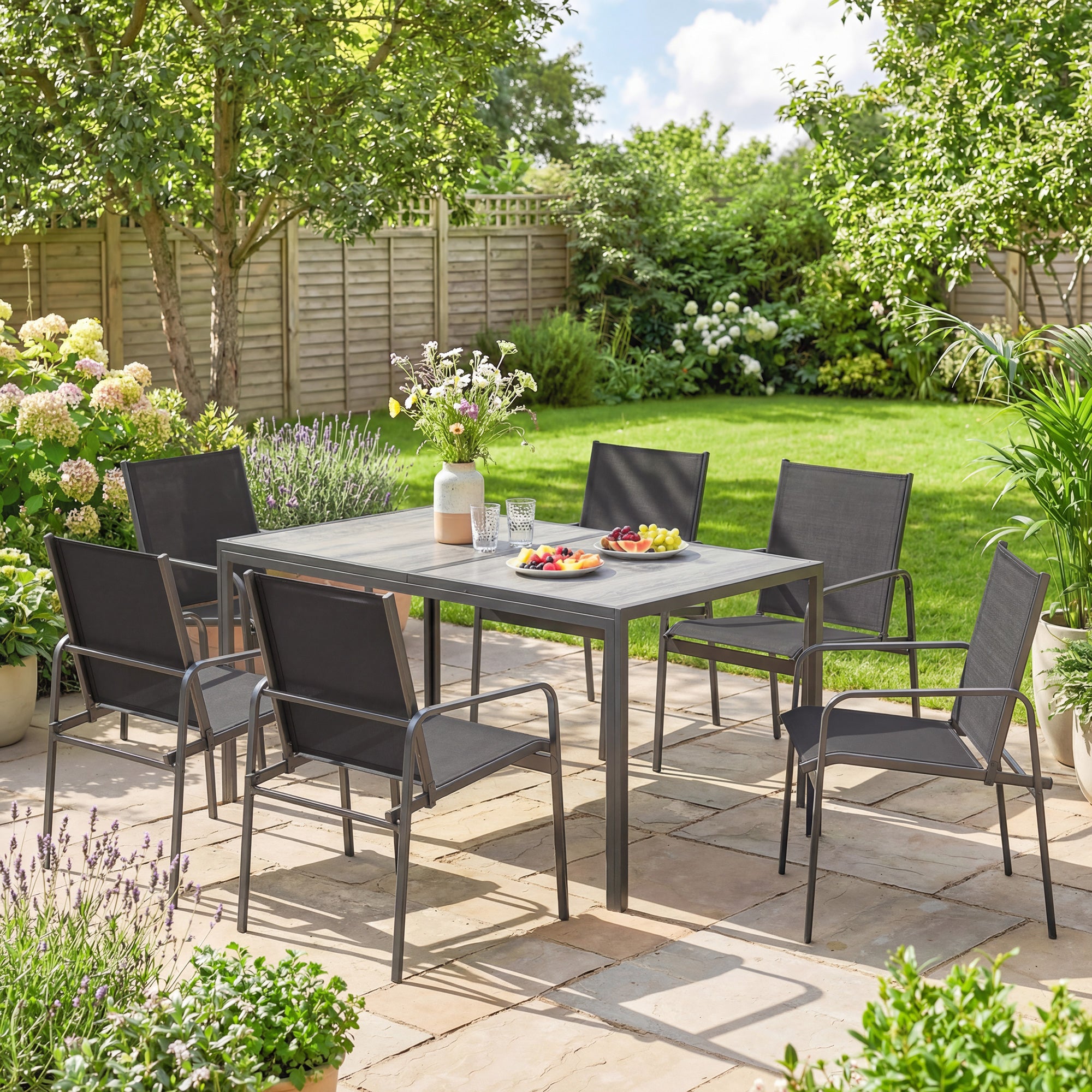 7-Piece Outdoor Dining Set – Wood-Effect Table & 6 Breathable Mesh Chairs, Galvanized Steel Frame, Black