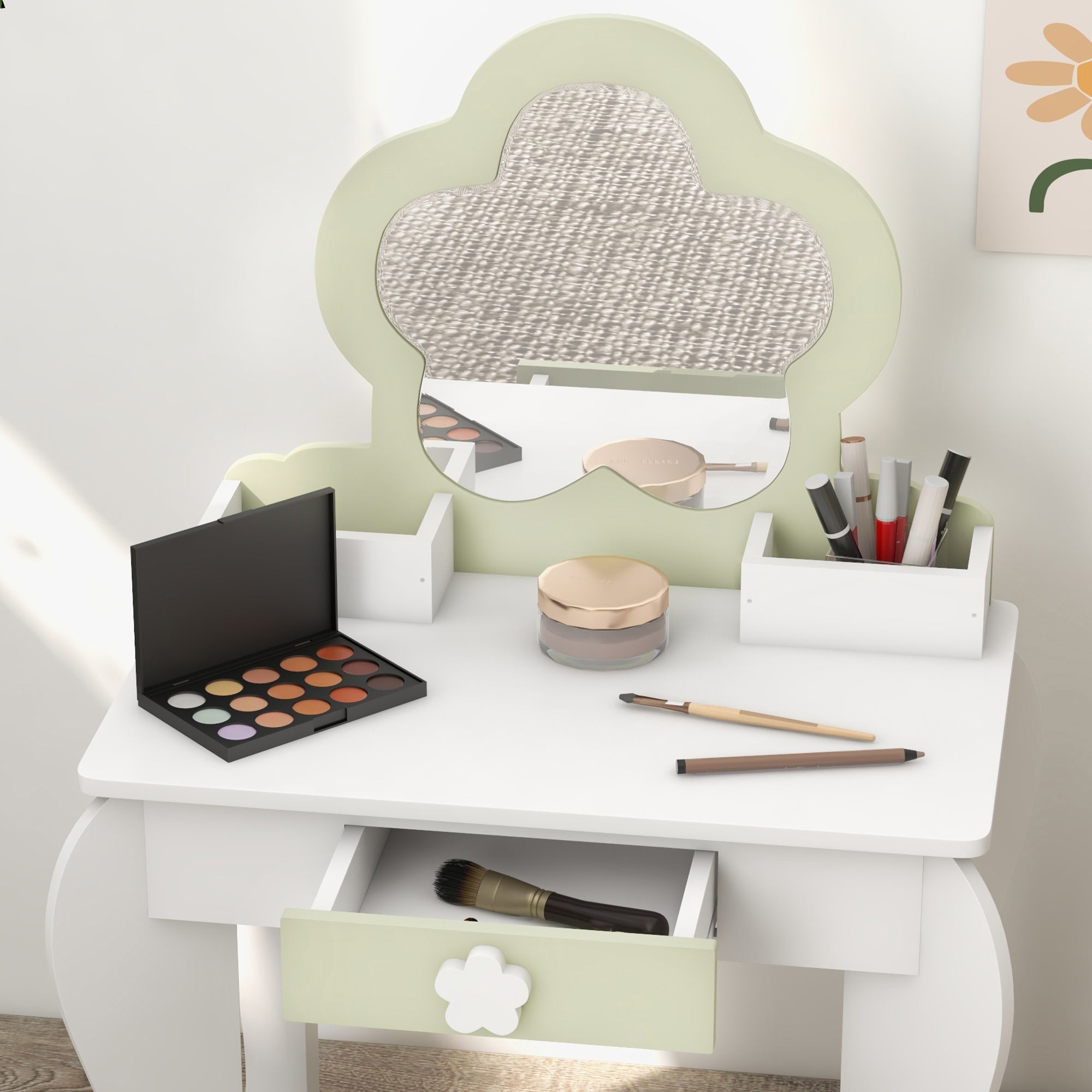 ZONEKIZ Girls' Dressing Table with Mirror and Stool Makeup Dressing Table for Kids 3-6 Years Old with 2 Boxes and 1 Drawer 55x34x87.5 cm White and Pastel Green