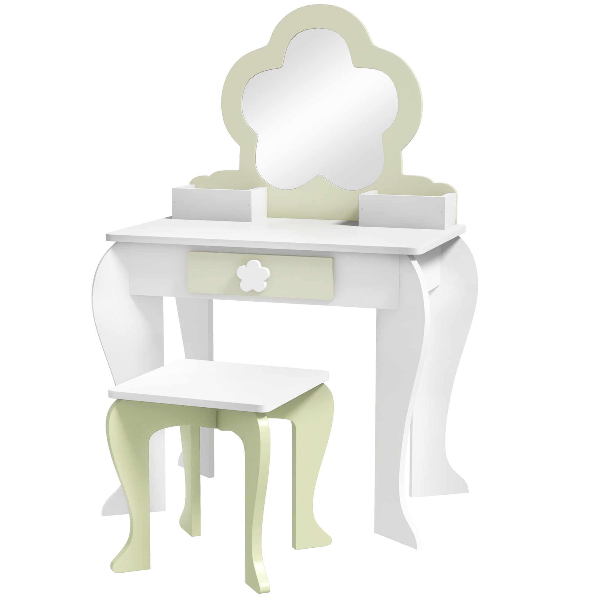 ZONEKIZ Girls' Dressing Table with Mirror and Stool Makeup Dressing Table for Kids 3-6 Years Old with 2 Boxes and 1 Drawer 55x34x87.5 cm White and Pastel Green