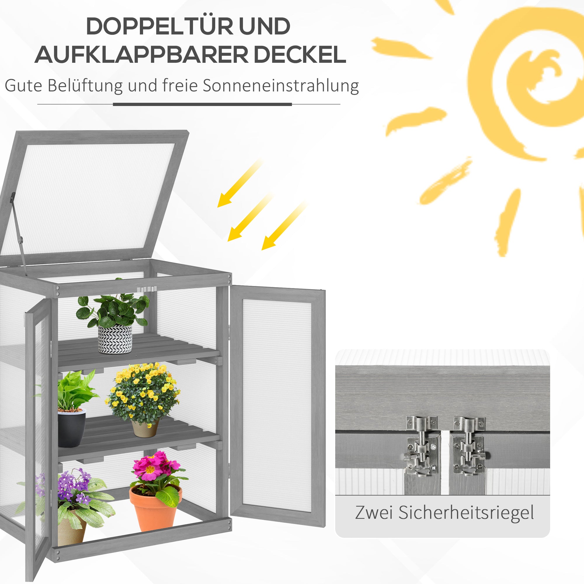 3-Tier Greenhouse Seedling Box Greenhouse Seedling Box with Two Doors made of Wood and Polycarbonate Weatherproof Load Capacity up to 15 kg (per shelf) Dark Gray 58 x 44 x 78 cm