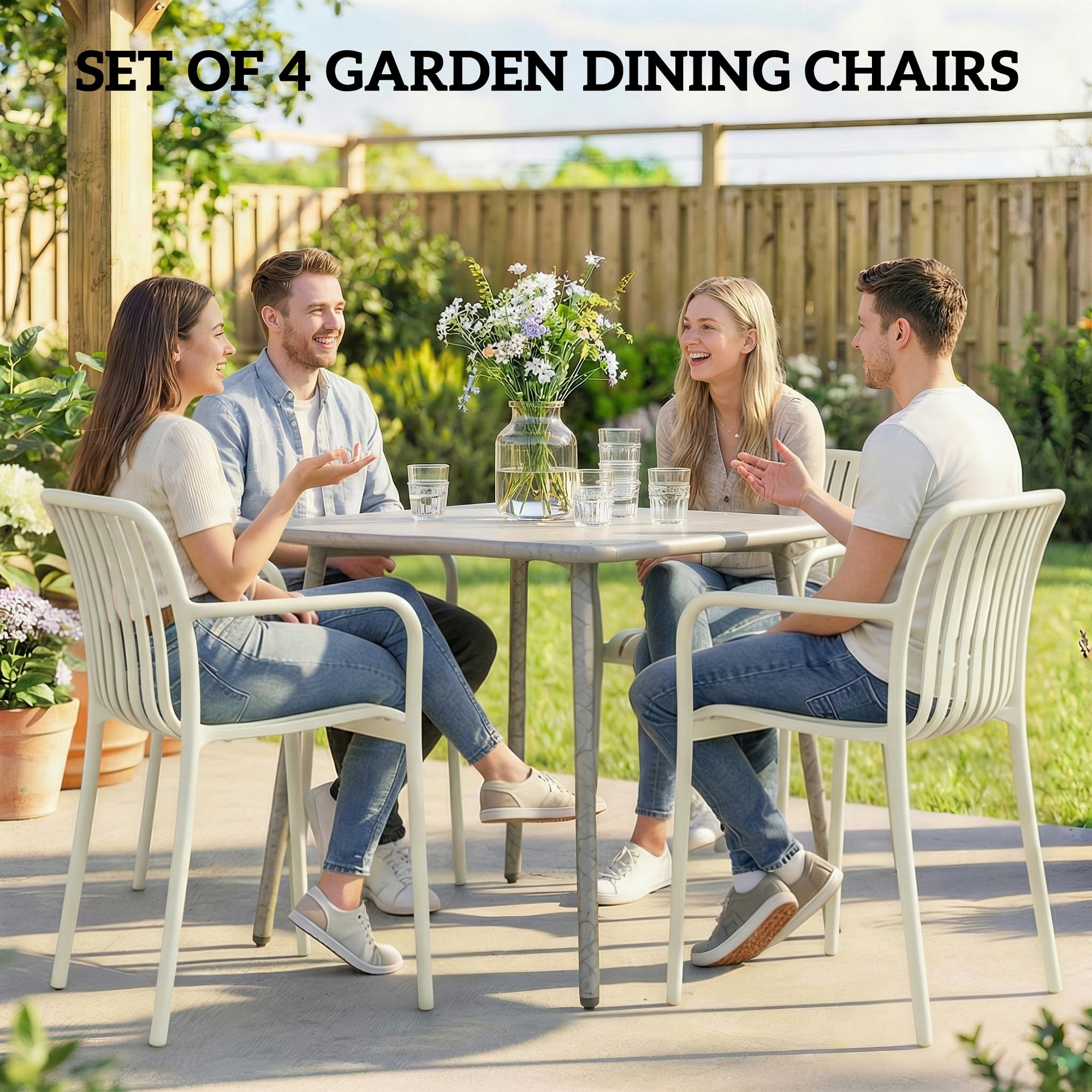 4-Pack Stackable Patio Chairs with Slatted Design & Armrests — Cream White, Ergonomic, 265 lb Capacity