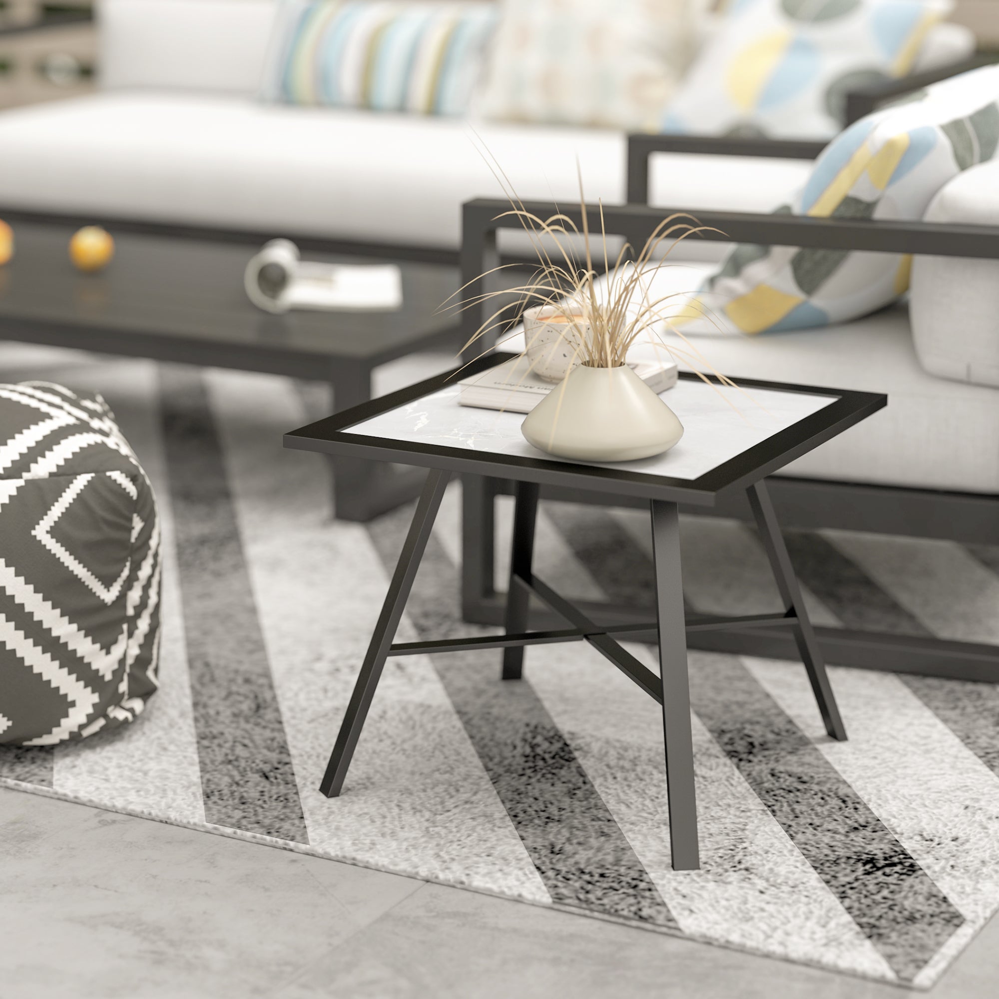 Square Outdoor Side Table with Stone-Look Tabletop for Garden Patio 55x55x46 cm Black and Gray