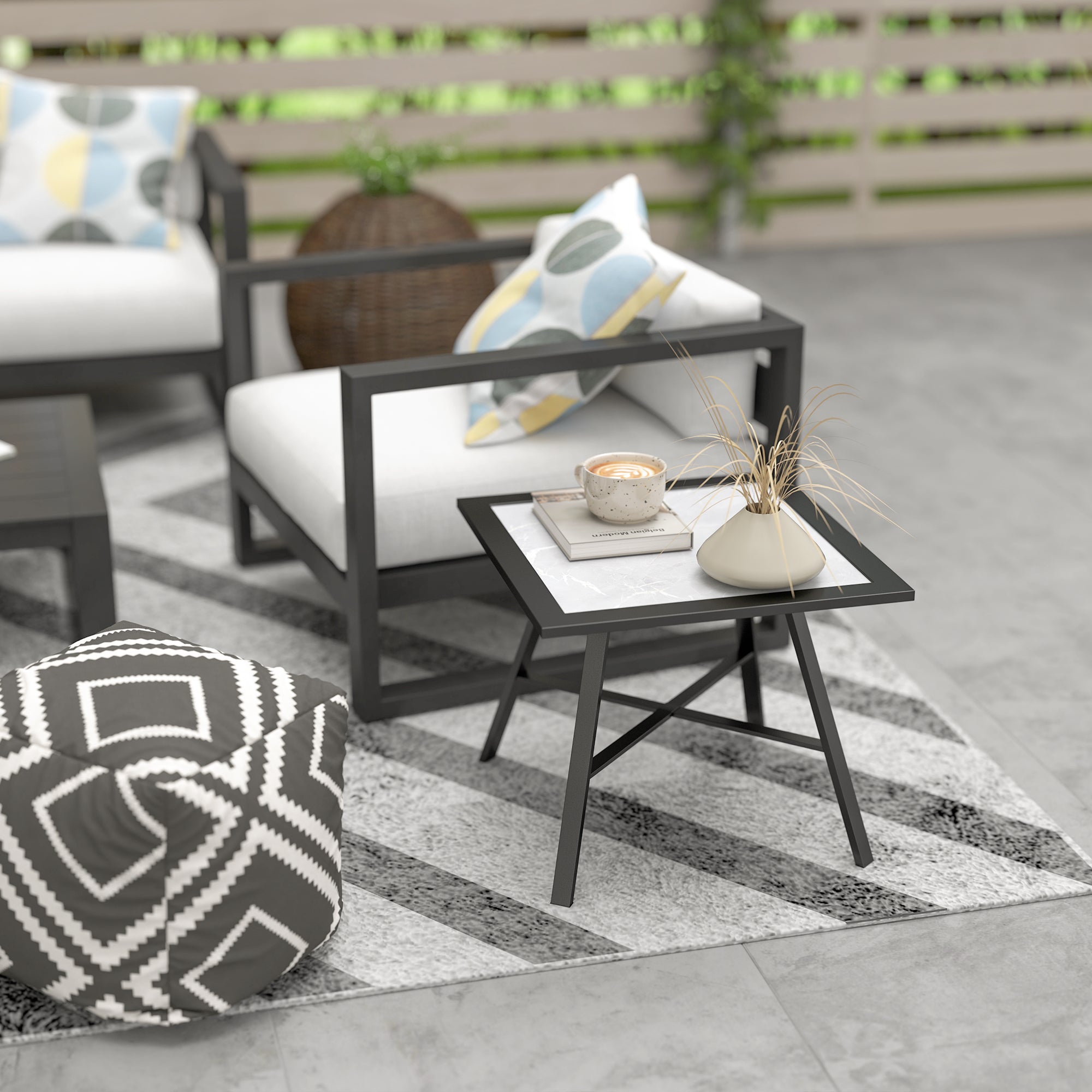 Square Outdoor Side Table with Stone-Look Tabletop for Garden Patio 55x55x46 cm Black and Gray
