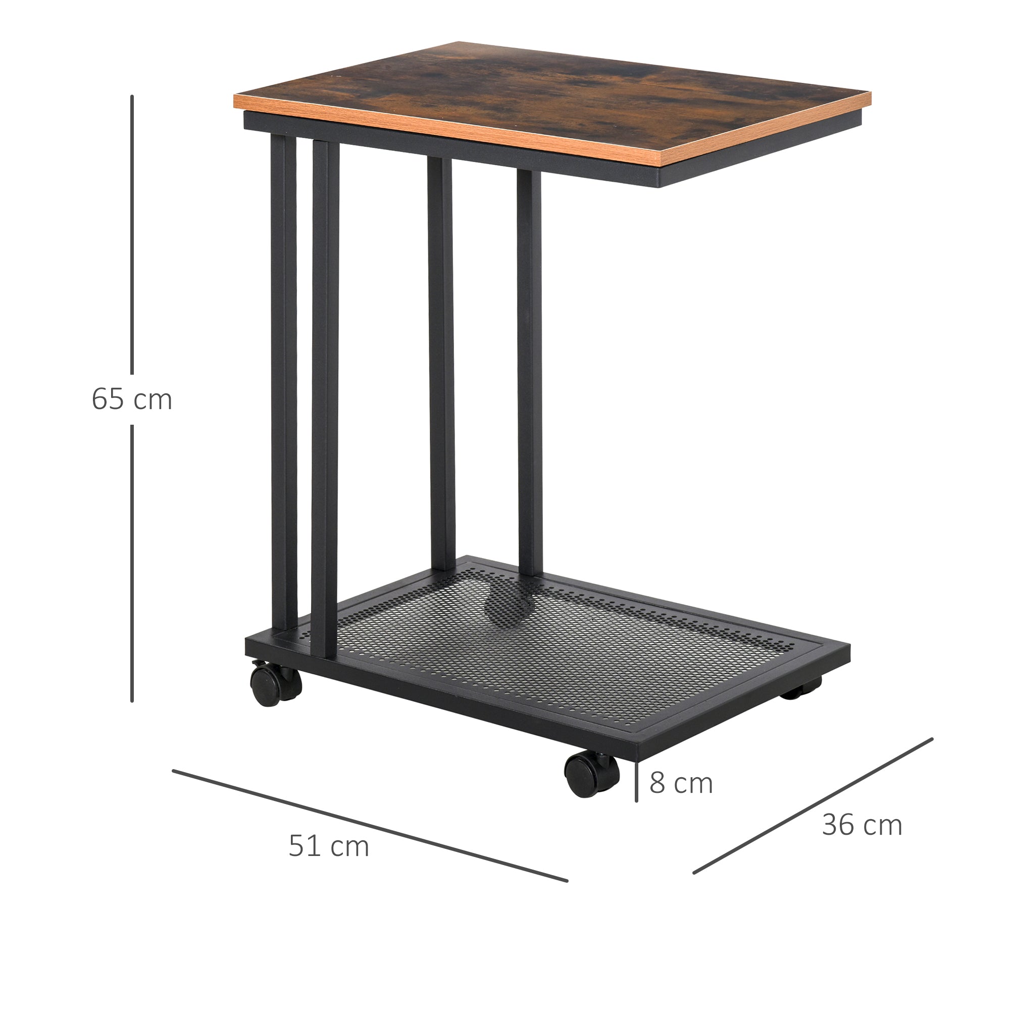 Side Table C-Shape Rolling Cart Serving Trolley Laptop Table Coffee Table Nightstand Bedside Table with Metal Frame Industrial Design Nightstand Black + Walnut Grain 51 x 36 x 65 cm