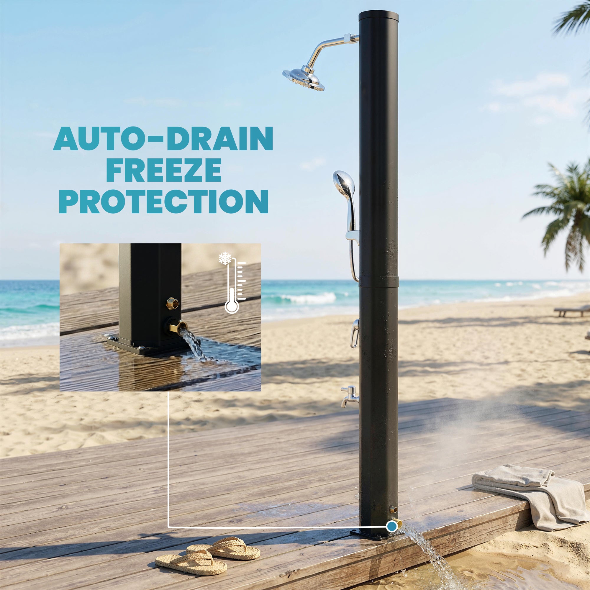 35 L Solar Garden Shower — Anti-Freeze Protection, Dual Rain Showerheads, Foot Tap, Max Water Temp 140°F (60°C), for Pool & Camping, No Electricity, Black