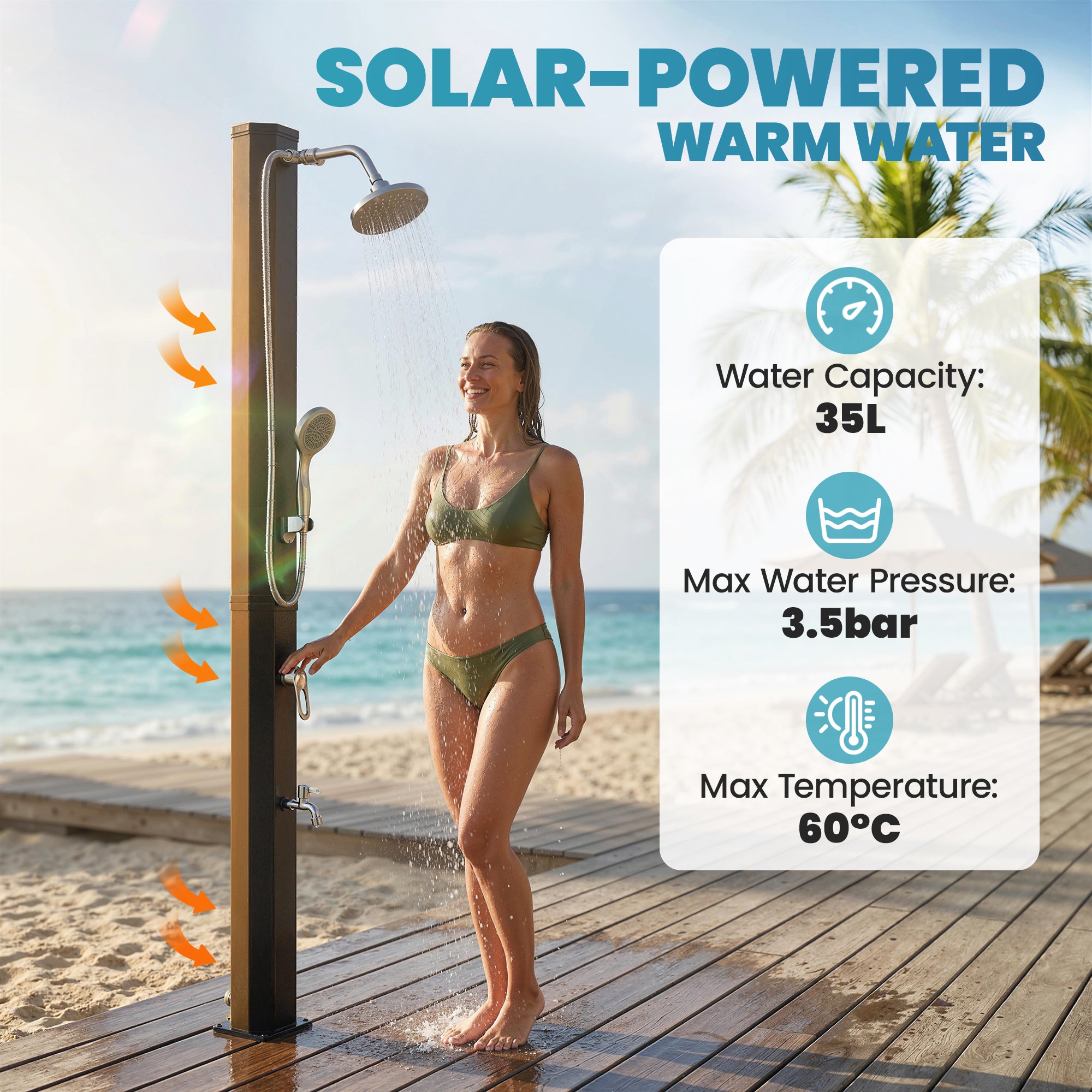 35 L Solar Garden Shower — Anti-Freeze Protection, Dual Rain Showerheads, Foot Tap, Max Water Temp 140°F (60°C), for Pool & Camping, No Electricity, Black