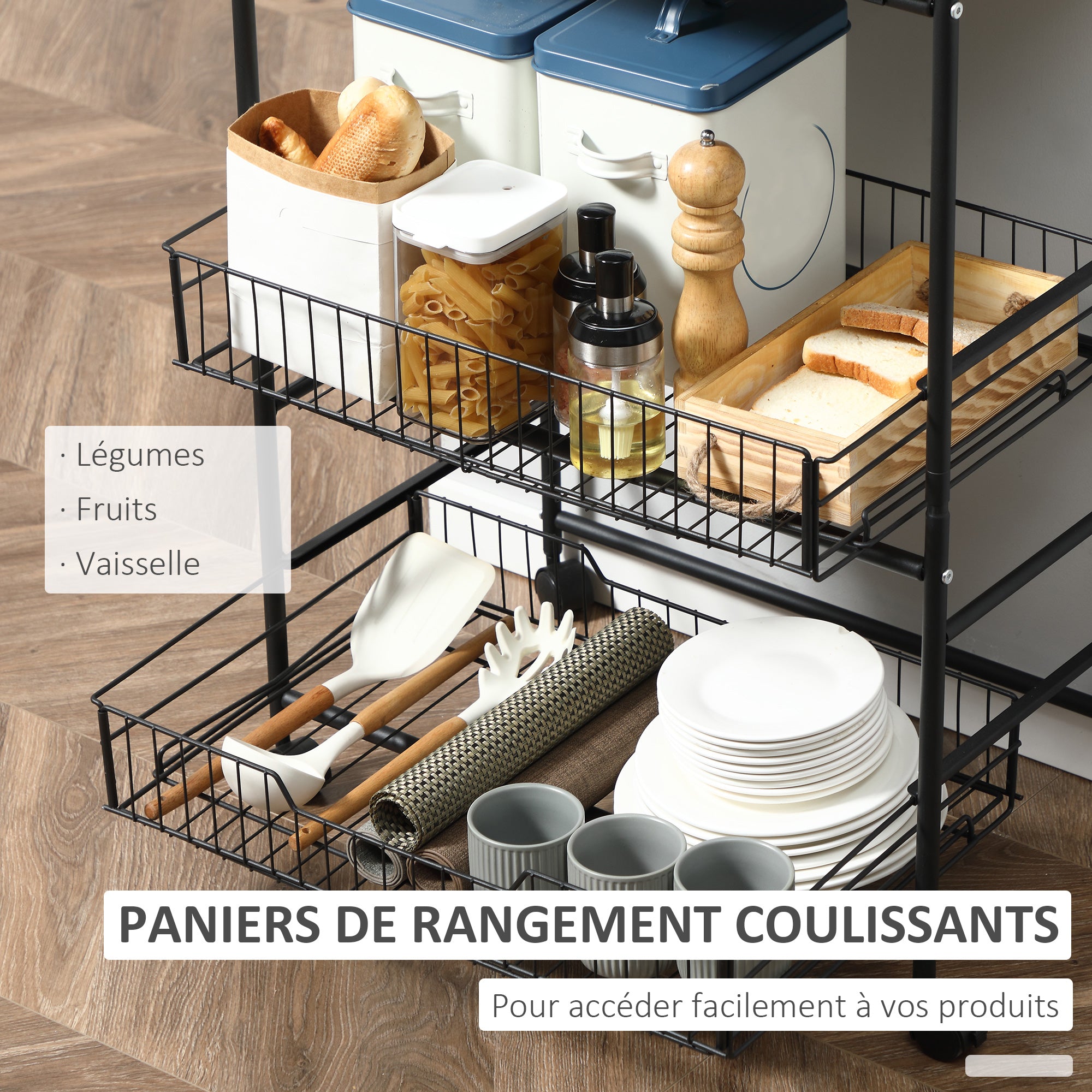 3-Tier Kitchen Trolley, Service Cart, Rolling Storage Cart with 2 Pull-Out Baskets, Shelf, and Side Hooks, 60 x 38 x 85.5 cm, walnut