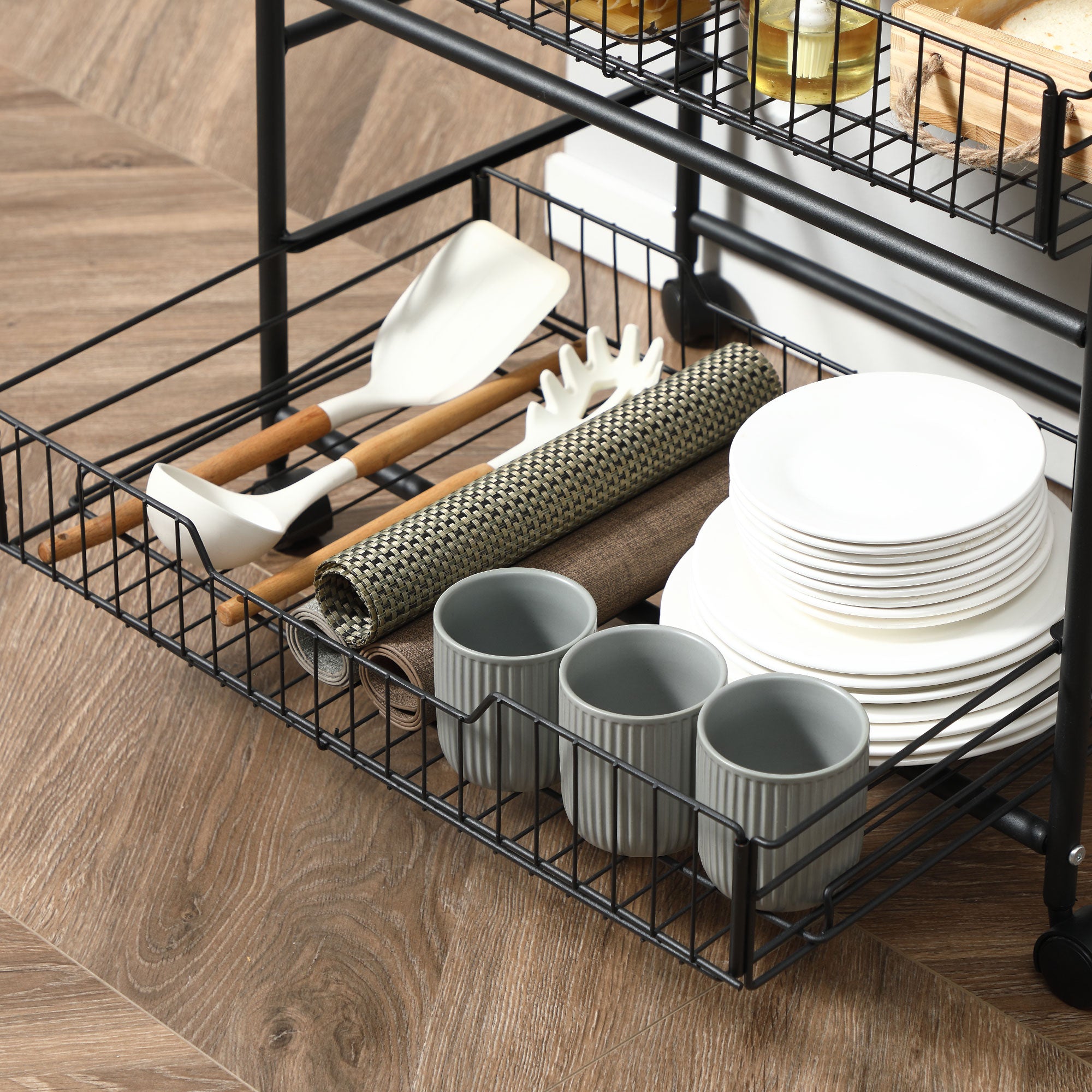 3-Tier Kitchen Trolley, Service Cart, Rolling Storage Cart with 2 Pull-Out Baskets, Shelf, and Side Hooks, 60 x 38 x 85.5 cm, walnut
