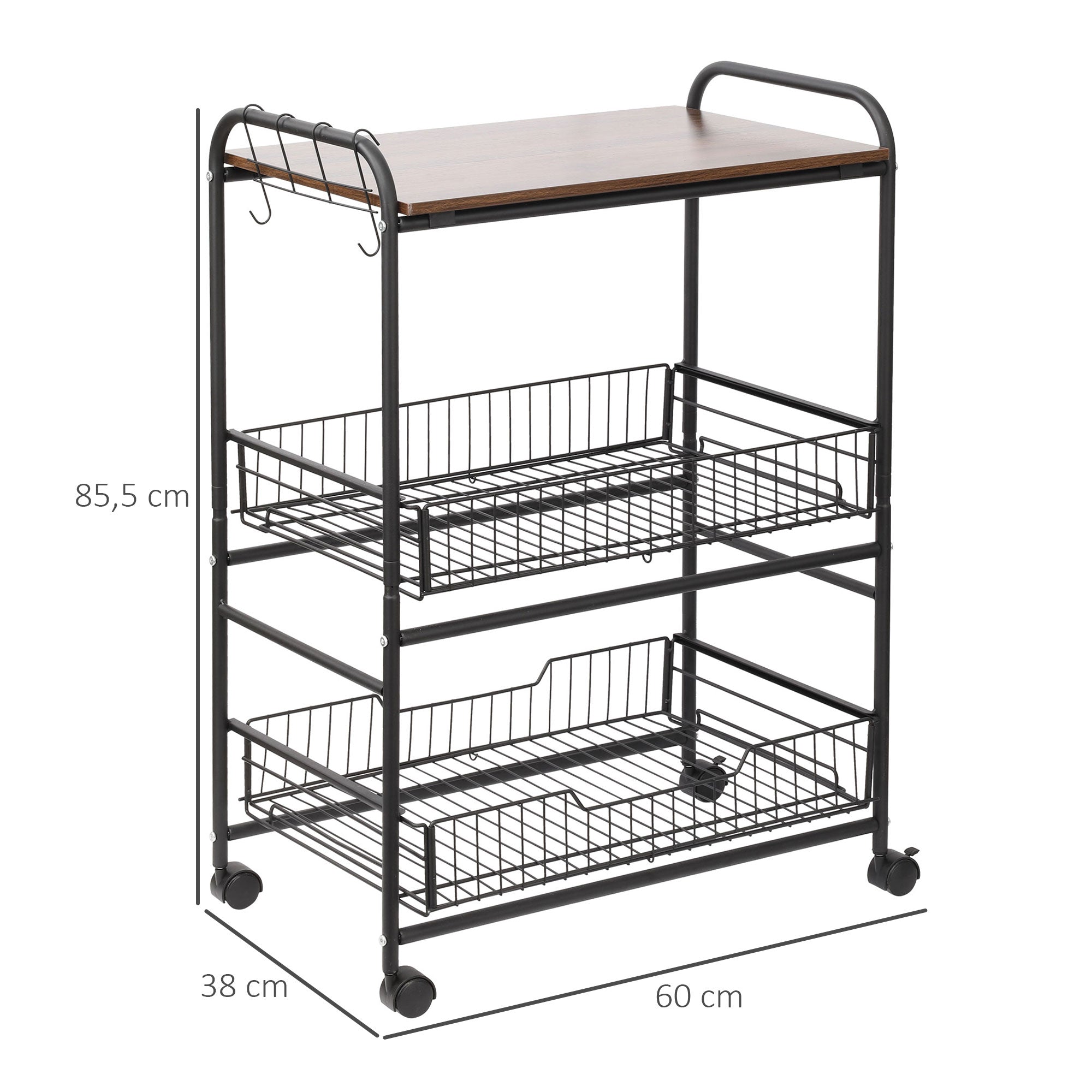 3-Tier Kitchen Trolley, Service Cart, Rolling Storage Cart with 2 Pull-Out Baskets, Shelf, and Side Hooks, 60 x 38 x 85.5 cm, walnut
