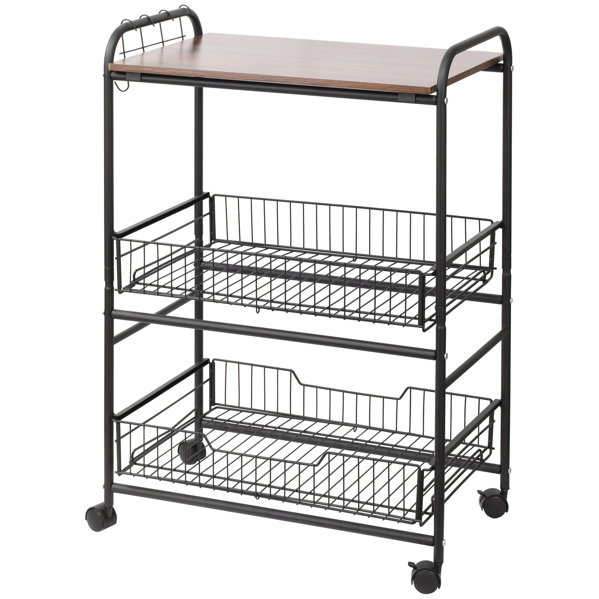3-Tier Kitchen Trolley, Service Cart, Rolling Storage Cart with 2 Pull-Out Baskets, Shelf, and Side Hooks, 60 x 38 x 85.5 cm, walnut