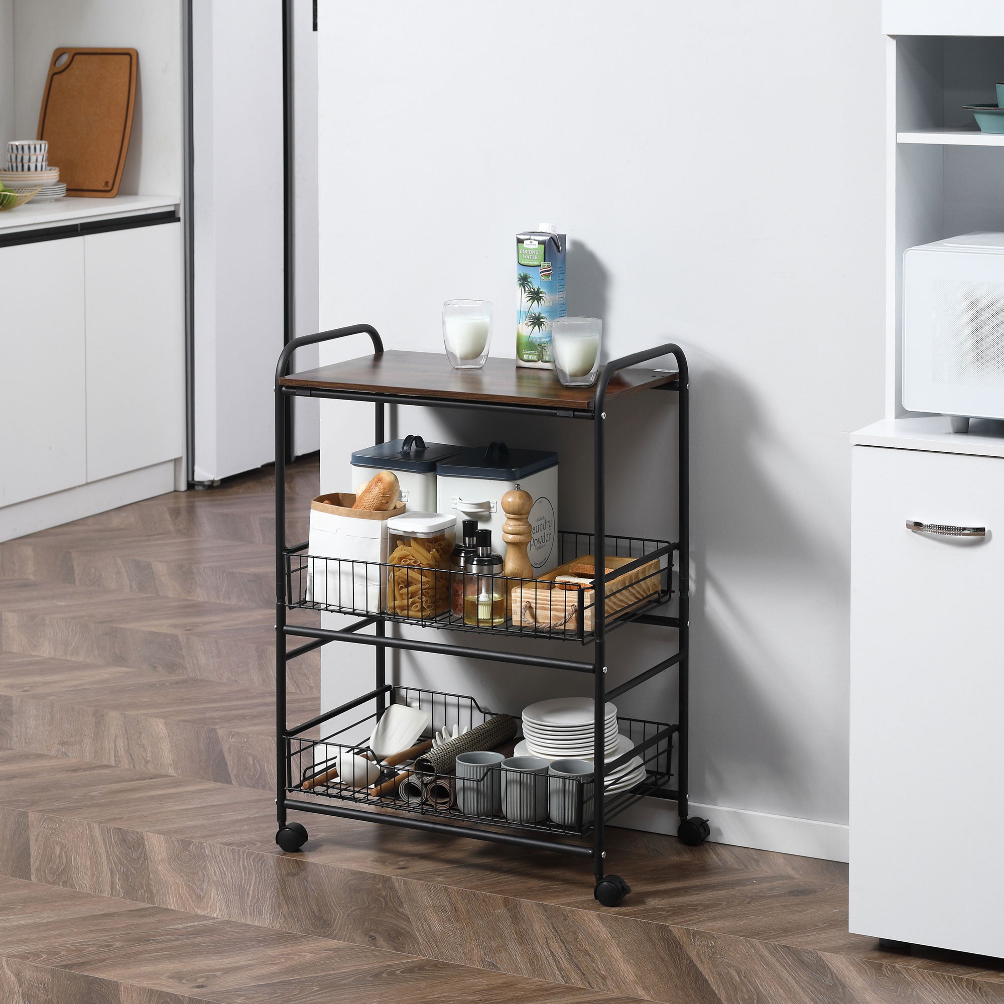 3-Tier Kitchen Trolley, Service Cart, Rolling Storage Cart with 2 Pull-Out Baskets, Shelf, and Side Hooks, 60 x 38 x 85.5 cm, walnut