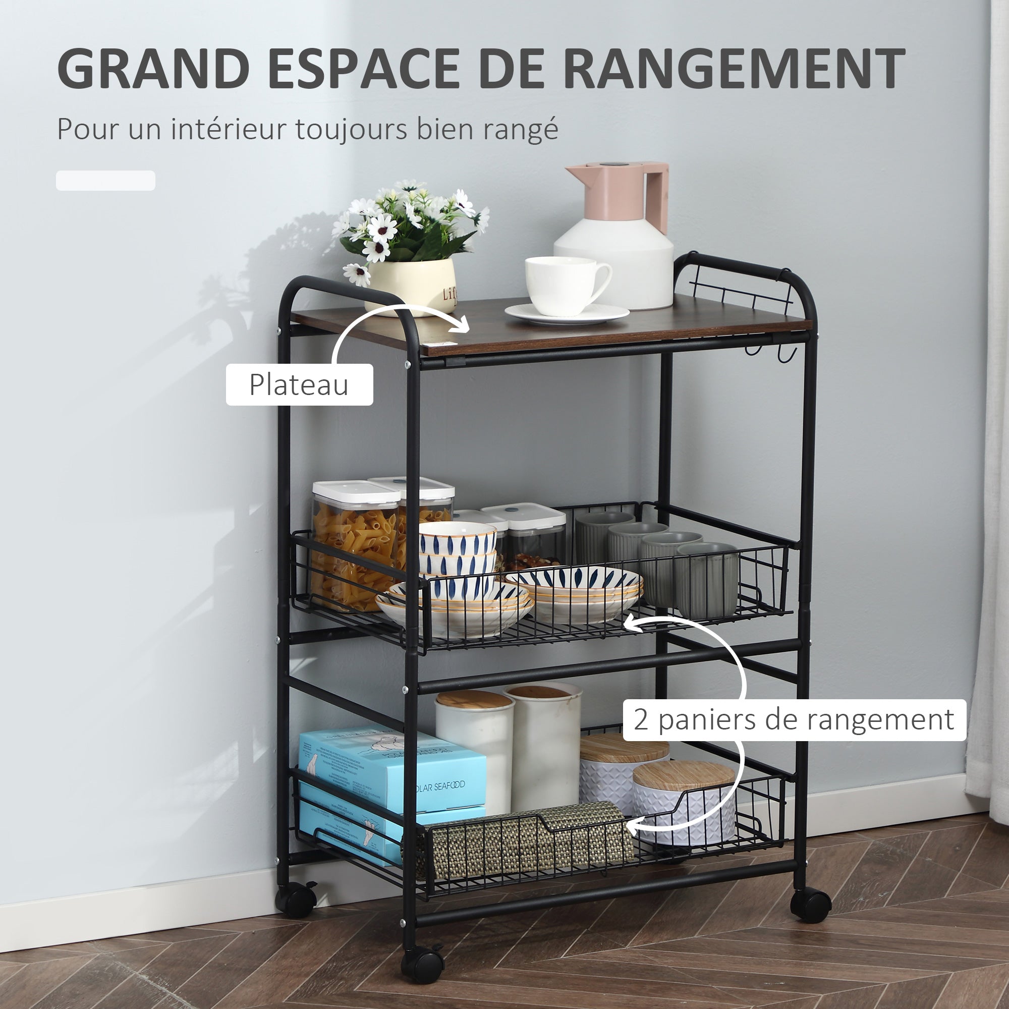 3-Tier Kitchen Trolley, Service Cart, Rolling Storage Cart with 2 Pull-Out Baskets, Shelf, and Side Hooks, 60 x 38 x 85.5 cm, walnut