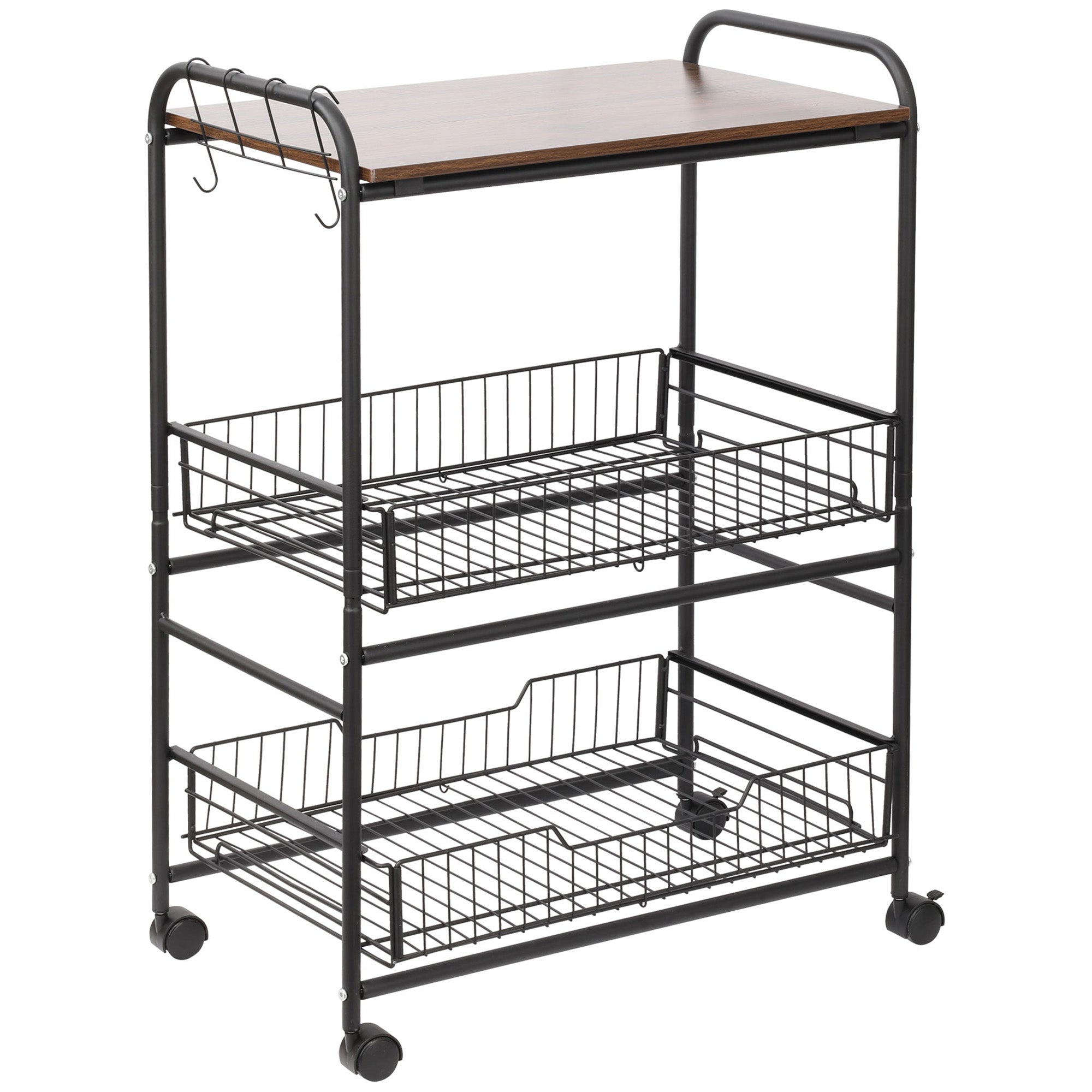 3-Tier Kitchen Trolley, Service Cart, Rolling Storage Cart with 2 Pull-Out Baskets, Shelf, and Side Hooks, 60 x 38 x 85.5 cm, walnut