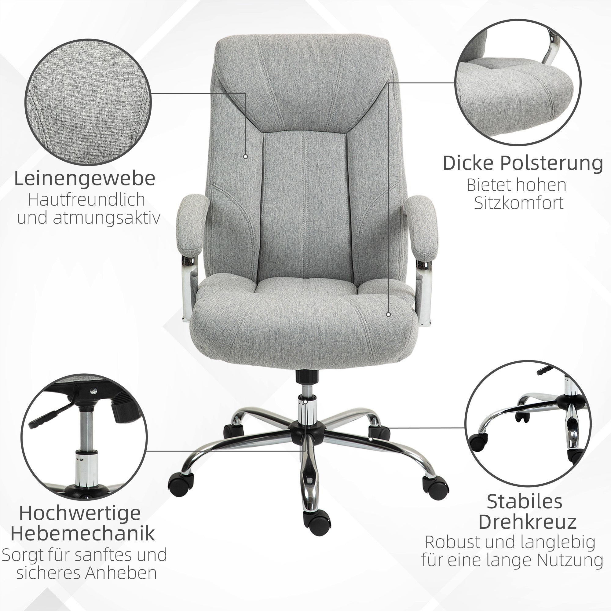 Office Chair with Rocking Function Ergonomic Chair with Padded Armrest Headrest Height Adjustable Desk Chair Swivel Chair with Backrest Nylon Light Grey 65 x 78 x 110-118 cm