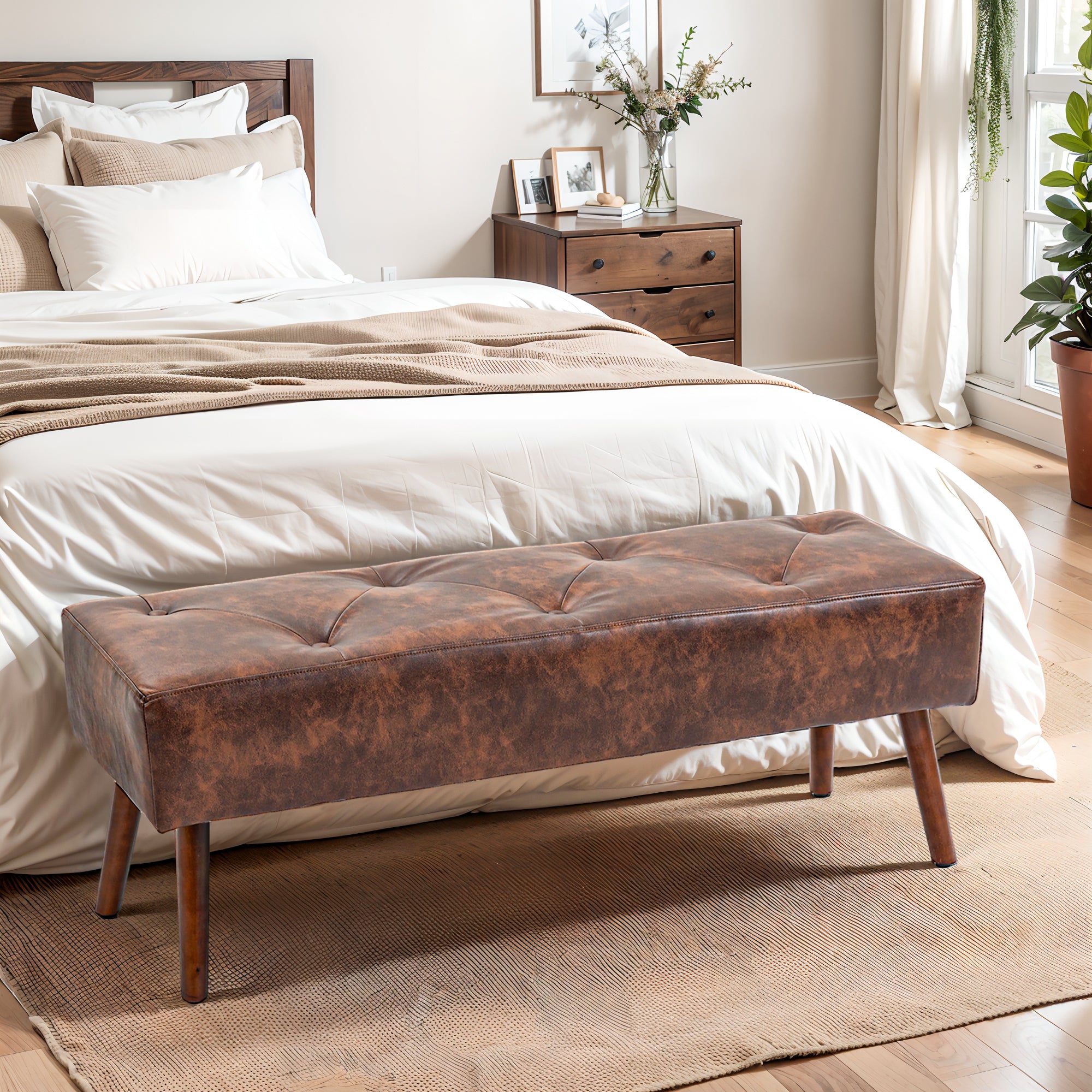 Multifunctional End-of-Bed Bench Classic Bedroom Bench with Wooden Legs and Padded Seat 120 kg Load Capacity for Entryway Hallway 114x38x42 cm Brown