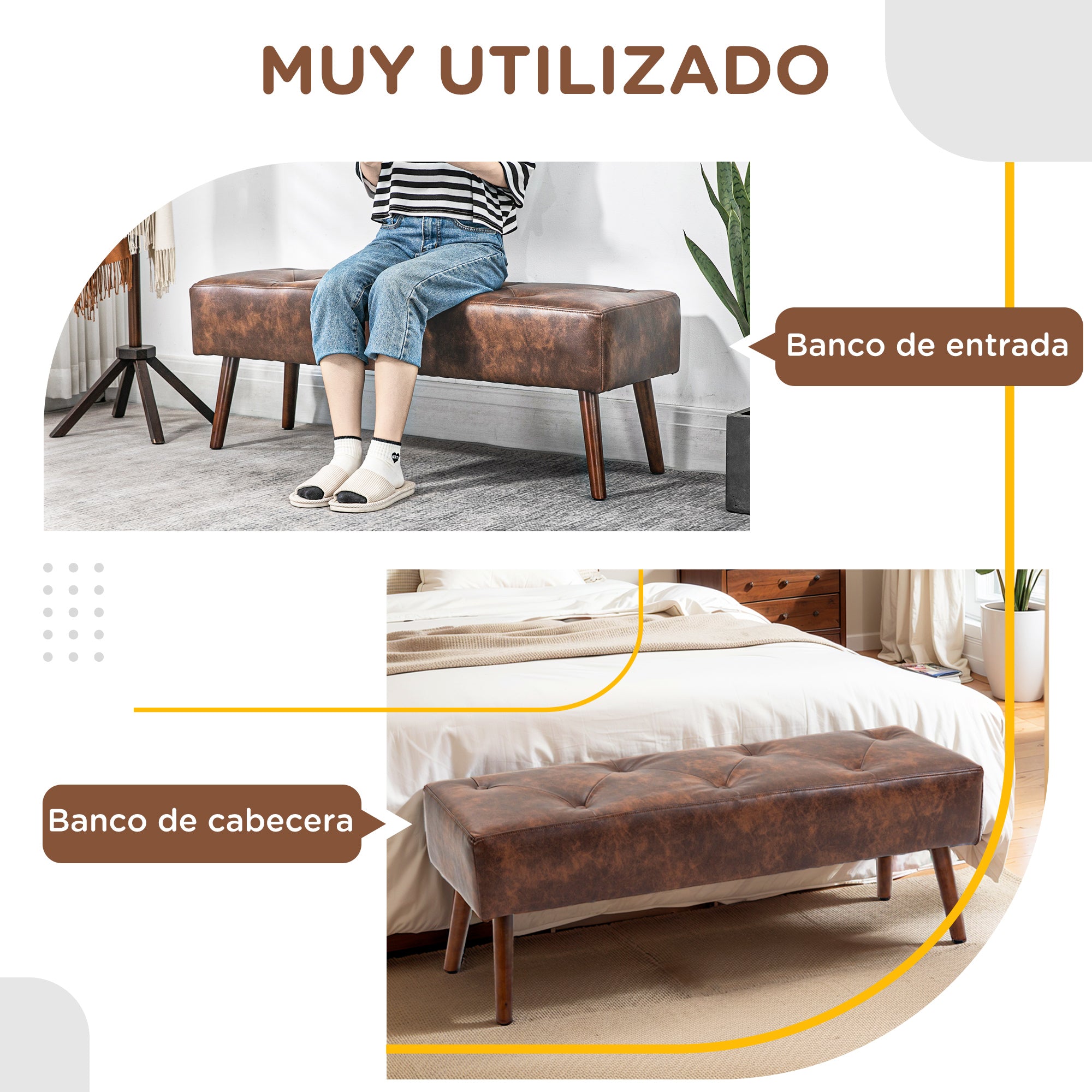 Multifunctional End-of-Bed Bench Classic Bedroom Bench with Wooden Legs and Padded Seat 120 kg Load Capacity for Entryway Hallway 114x38x42 cm Brown