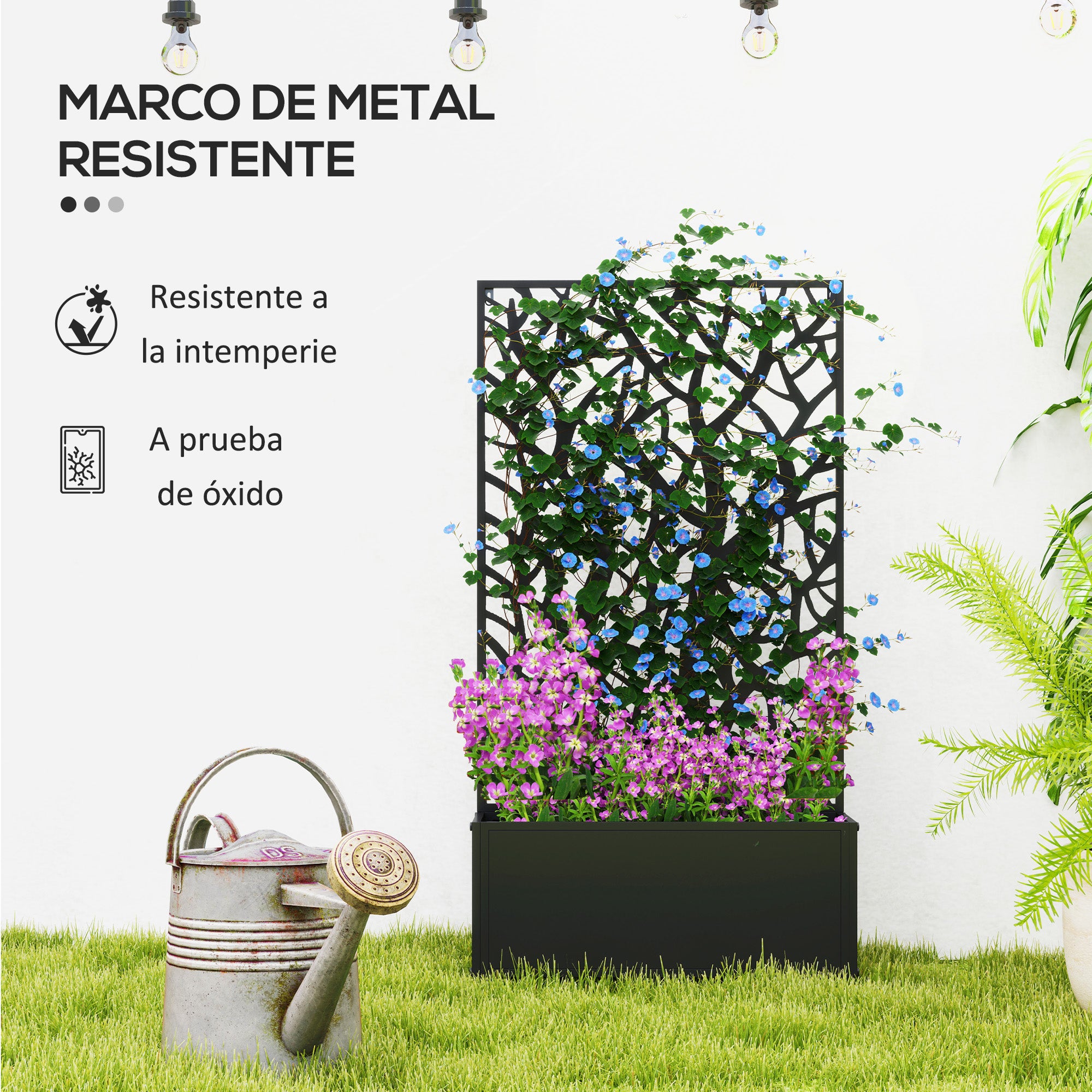 Large Outdoor Metal Planter Planter with Decorative Leaf Privacy Screen Wall or Freestanding Planter for Patio Terrace 61x23x113 cm Black