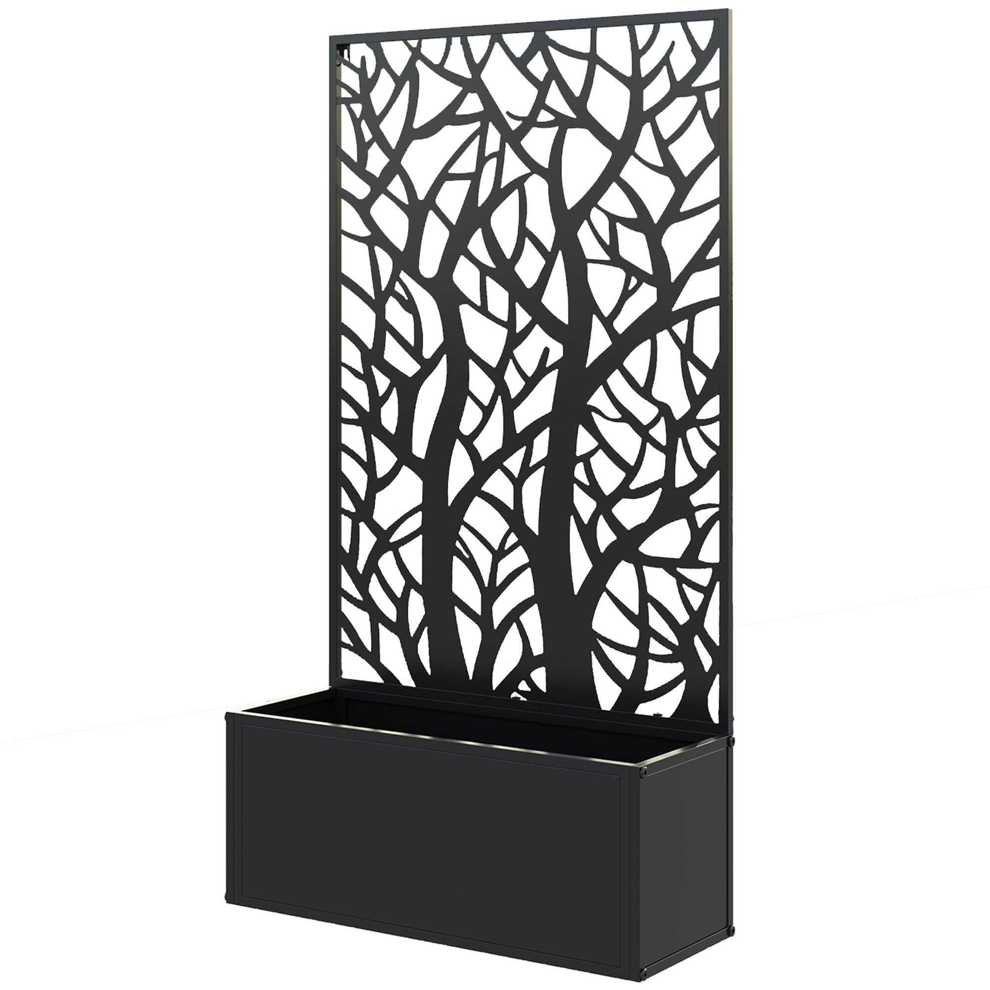 Large Outdoor Metal Planter Planter with Decorative Leaf Privacy Screen Wall or Freestanding Planter for Patio Terrace 61x23x113 cm Black