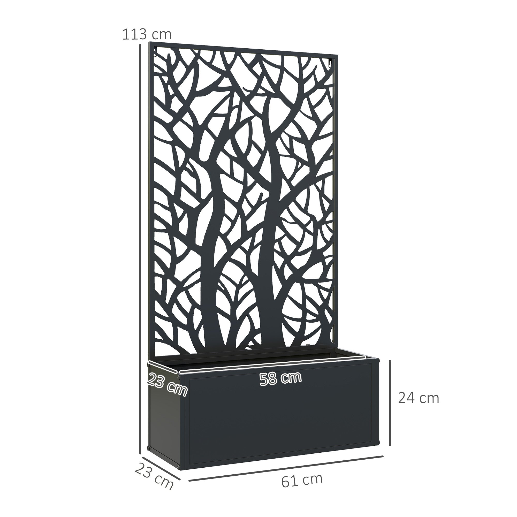 Large Outdoor Metal Planter Planter with Decorative Leaf Privacy Screen Wall or Freestanding Planter for Patio Terrace 61x23x113 cm Black
