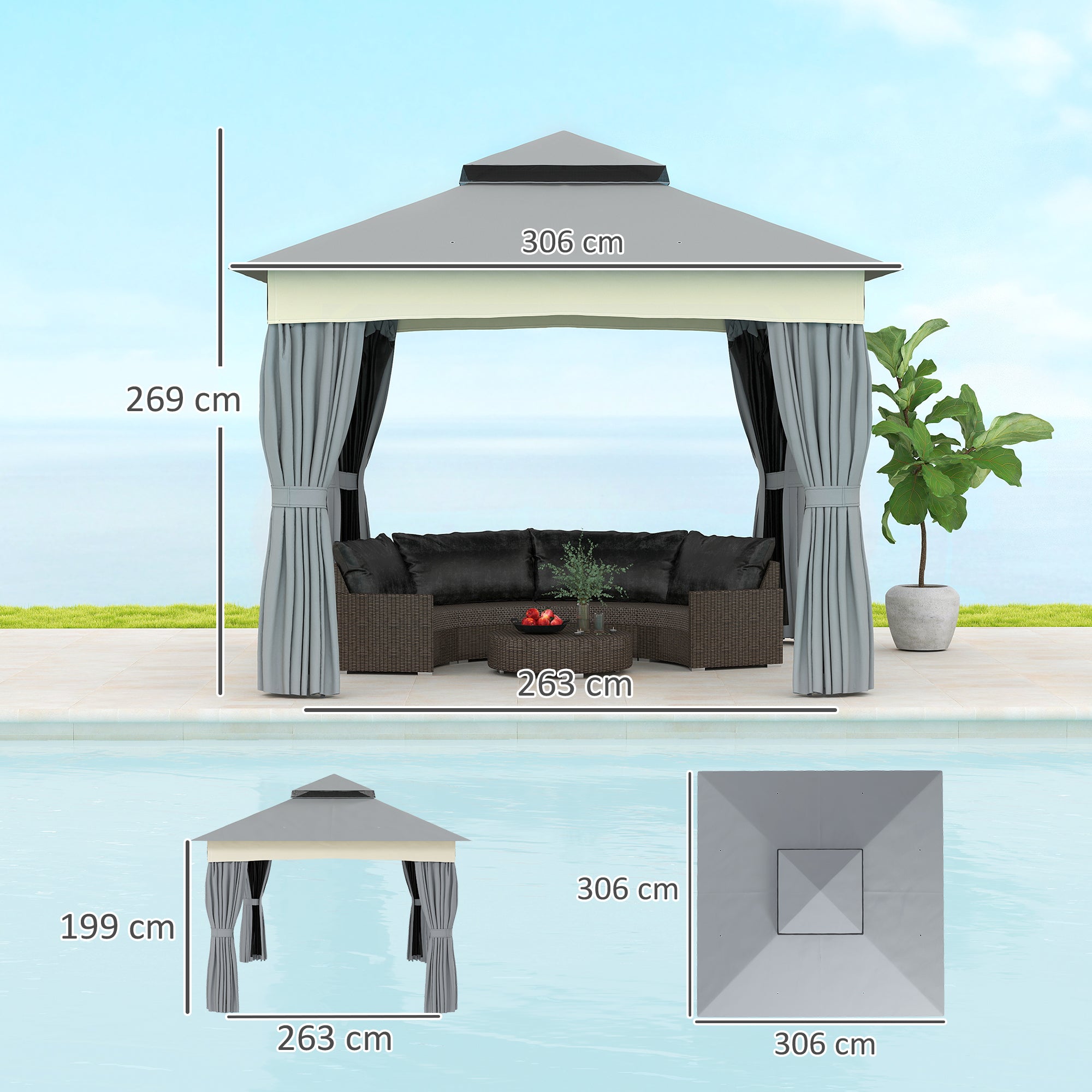 Pavilion with Double Roof, 3x3 m Water-Resistant Stable Winterproof Garden Pavilion with Mosquito Net, Side Panels, Metal Garden Pavilion for Garden, Terrace, Dark Gray