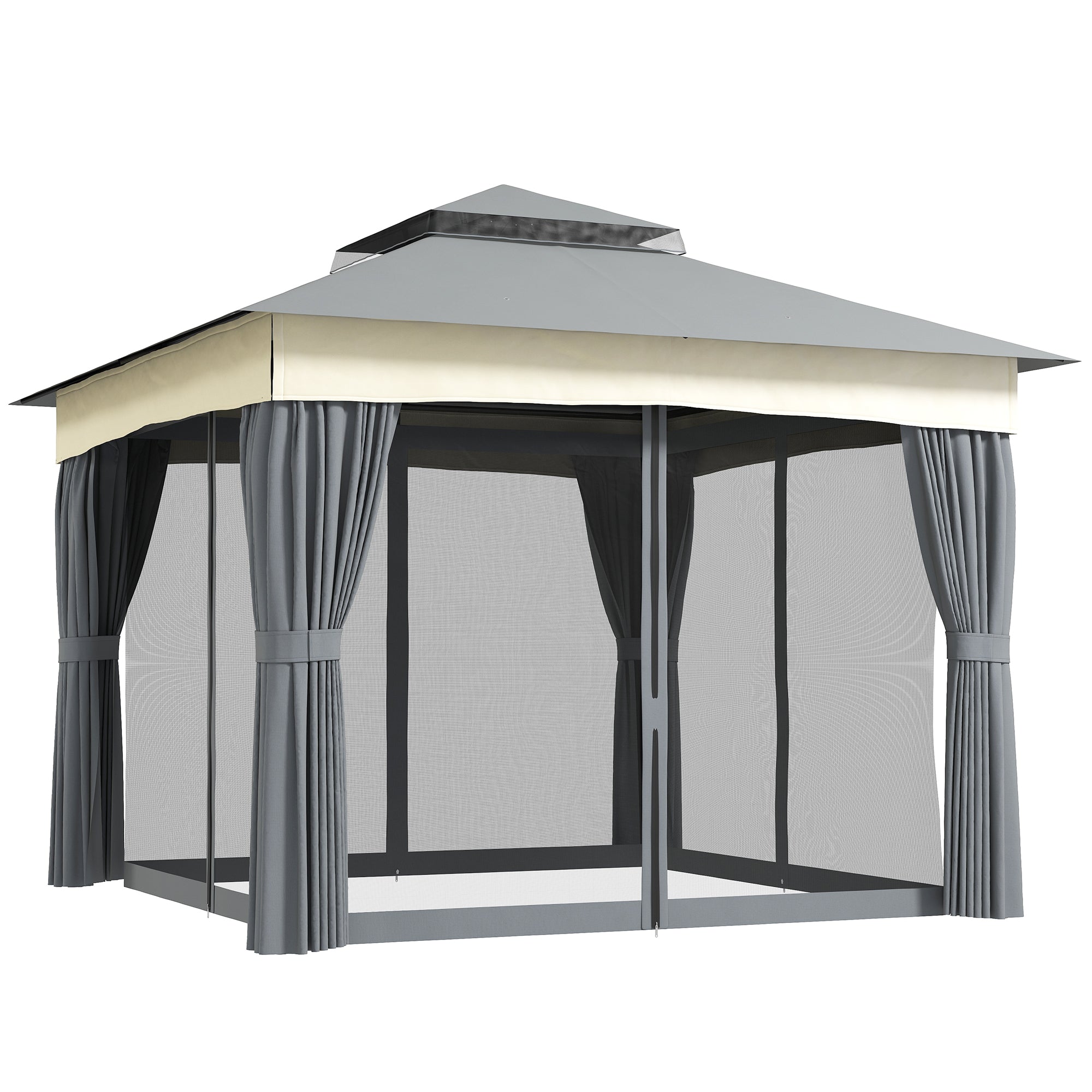 Pavilion with Double Roof, 3x3 m Water-Resistant Stable Winterproof Garden Pavilion with Mosquito Net, Side Panels, Metal Garden Pavilion for Garden, Terrace, Dark Gray