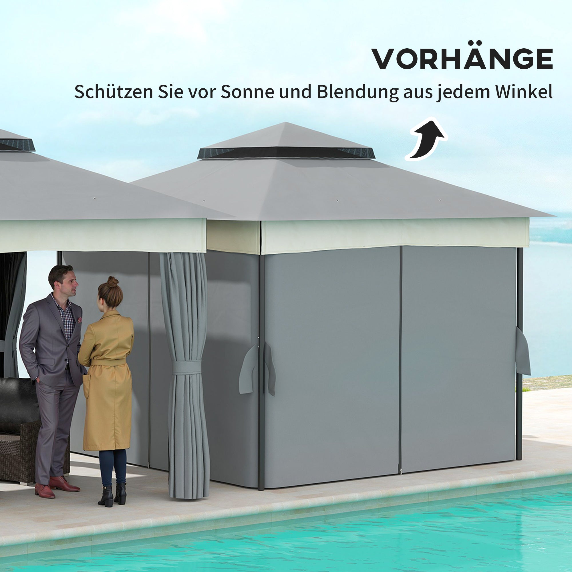 Pavilion with Double Roof, 3x3 m Water-Resistant Stable Winterproof Garden Pavilion with Mosquito Net, Side Panels, Metal Garden Pavilion for Garden, Terrace, Dark Gray