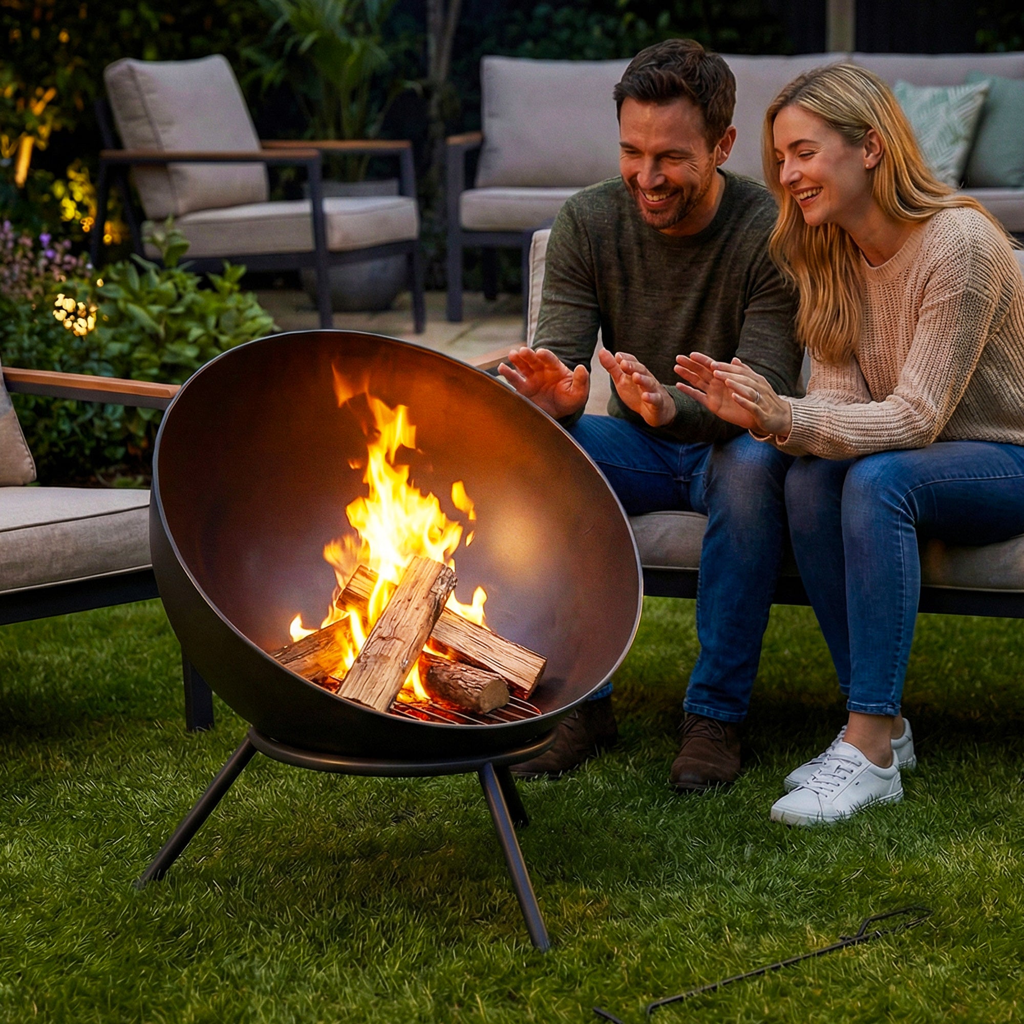 Fire Bowl 23.6 x 20.9 x 26.0 in (60 x 53 x 66 cm) Adjustable Fire Pit with Poker, Charcoal Grate & Stand – Garden, Balcony, Patio, Outdoor BBQ & Camping – Black