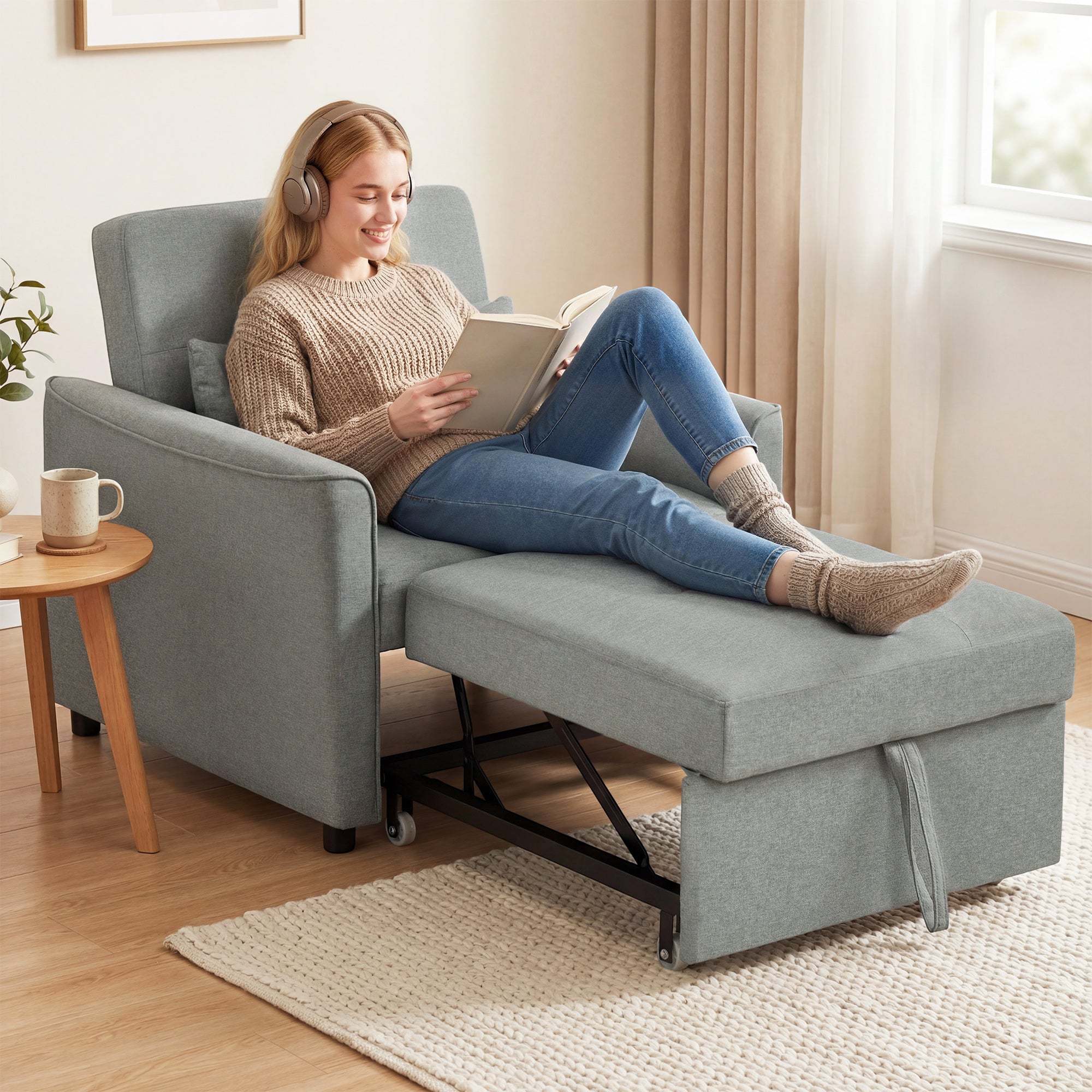 3-in-1 Convertible Sleeper Chair — Adjustable Backrest, Wide Seat, Lumbar Pillow, Linen-Look Sofa Bed, Gray