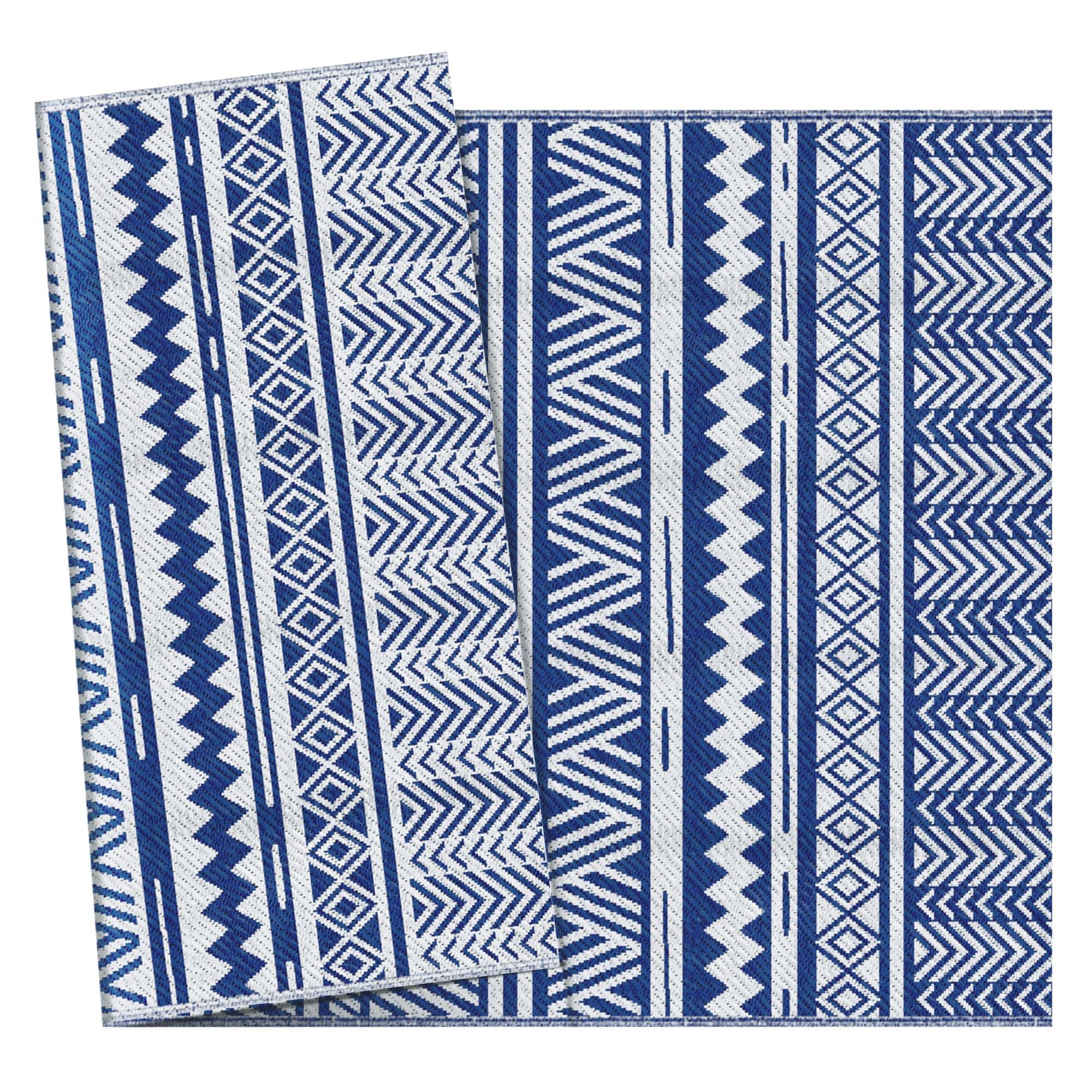 Outdoor Rug 182x274 cm Reversible Rug with Geometric Pattern Waterproof for Terrace Balcony Patio Camping Beach Dark Blue and White