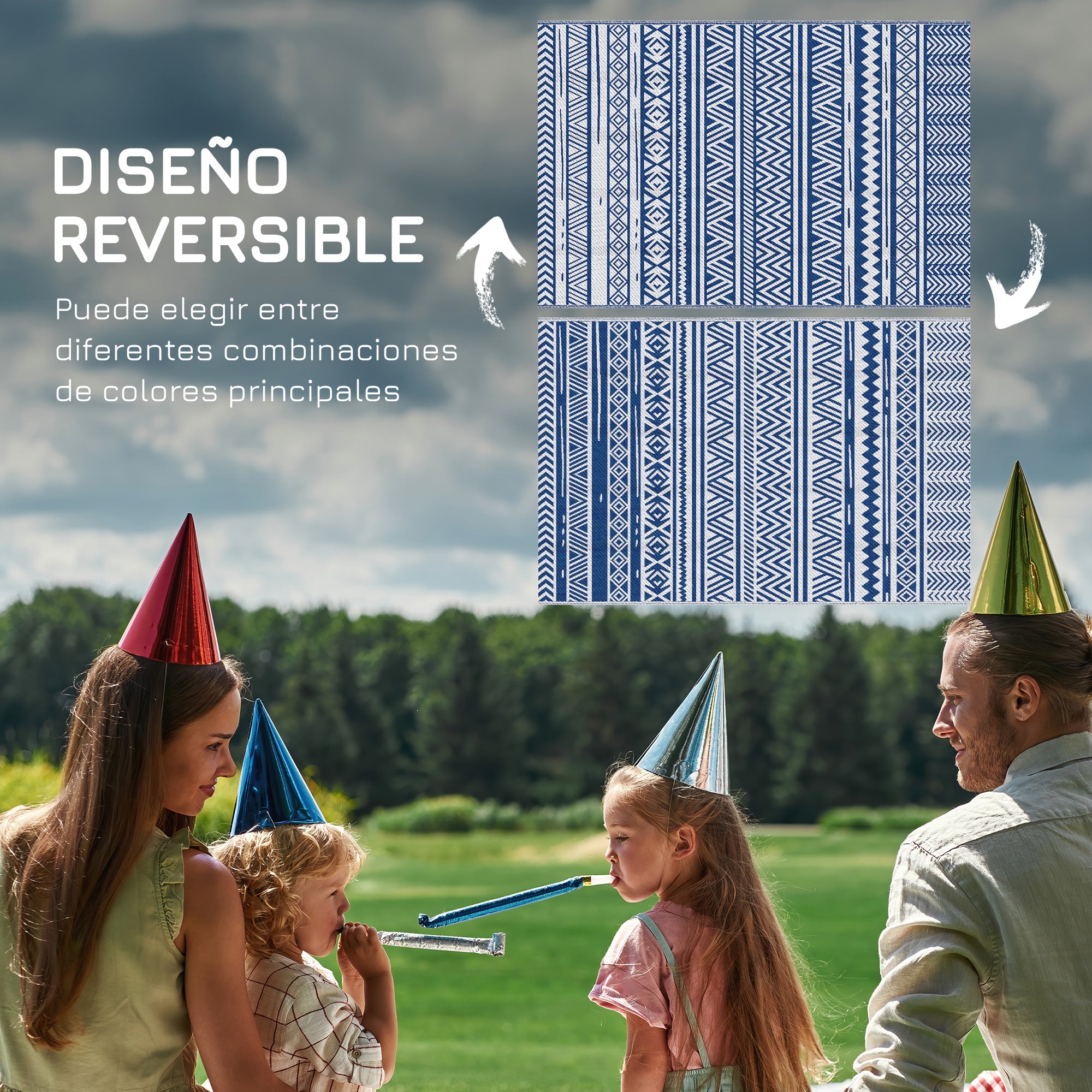 Outdoor Rug 182x274 cm Reversible Rug with Geometric Pattern Waterproof for Terrace Balcony Patio Camping Beach Dark Blue and White