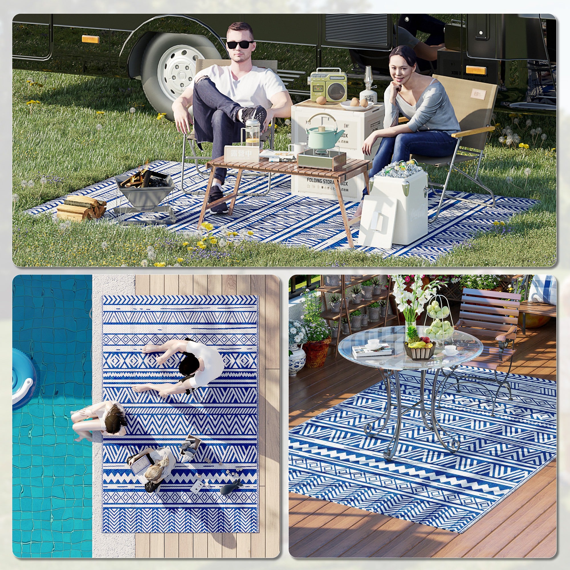 Outdoor Rug 182x274 cm Reversible Rug with Geometric Pattern Waterproof for Terrace Balcony Patio Camping Beach Dark Blue and White