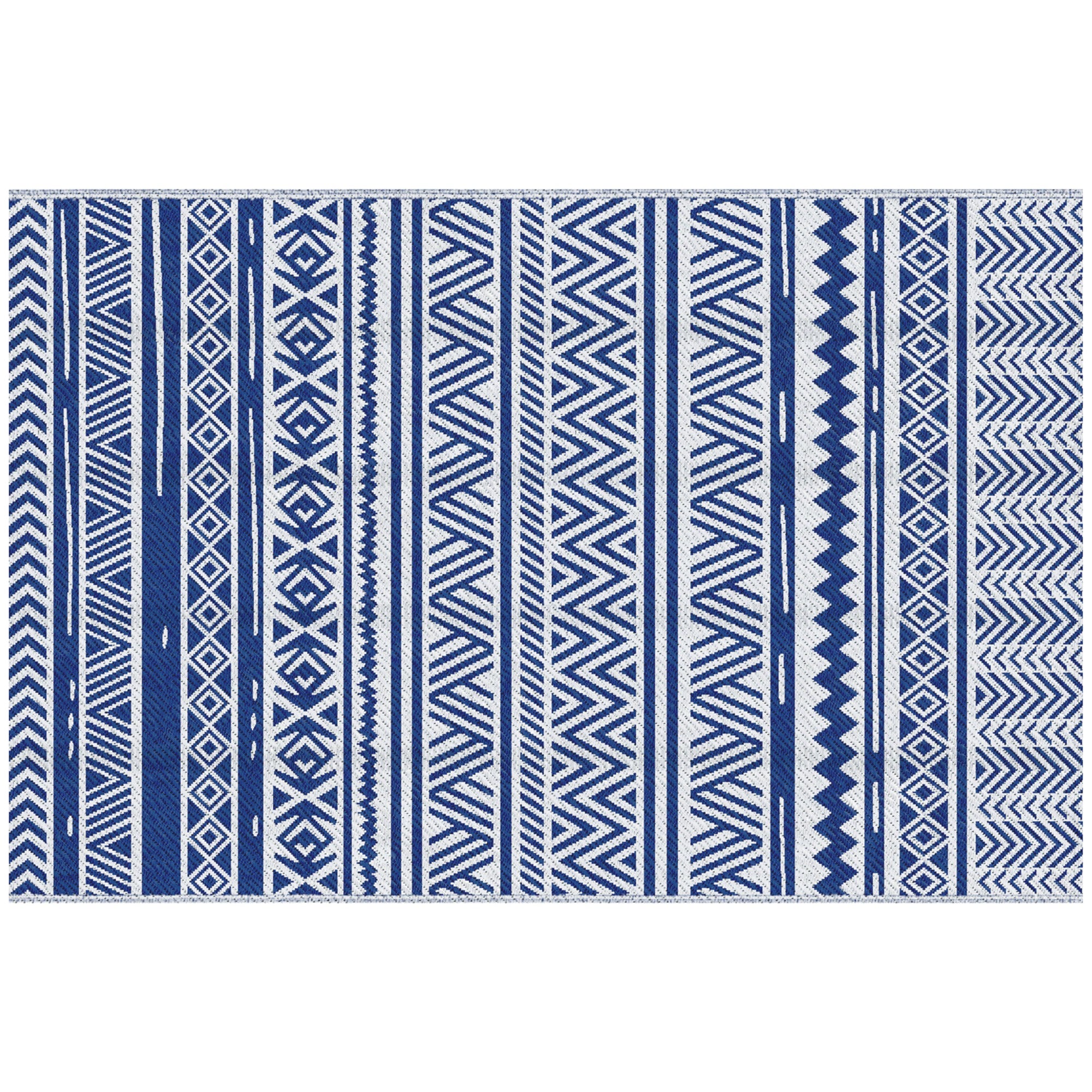 Outdoor Rug 182x274 cm Reversible Rug with Geometric Pattern Waterproof for Terrace Balcony Patio Camping Beach Dark Blue and White