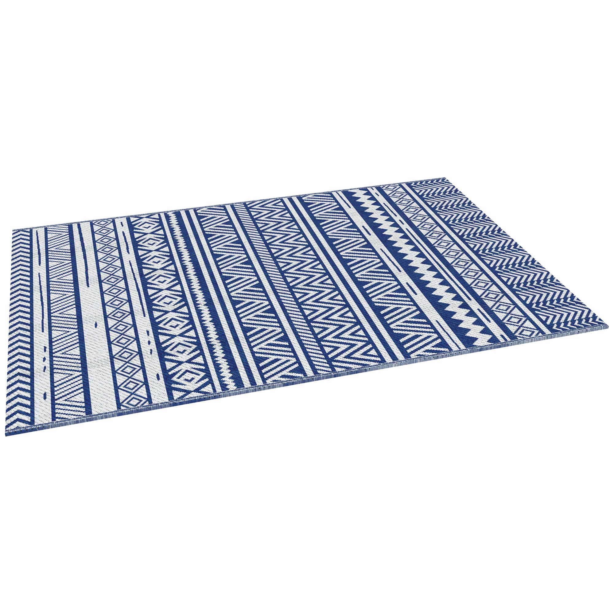 Outdoor Rug 182x274 cm Reversible Rug with Geometric Pattern Waterproof for Terrace Balcony Patio Camping Beach Dark Blue and White