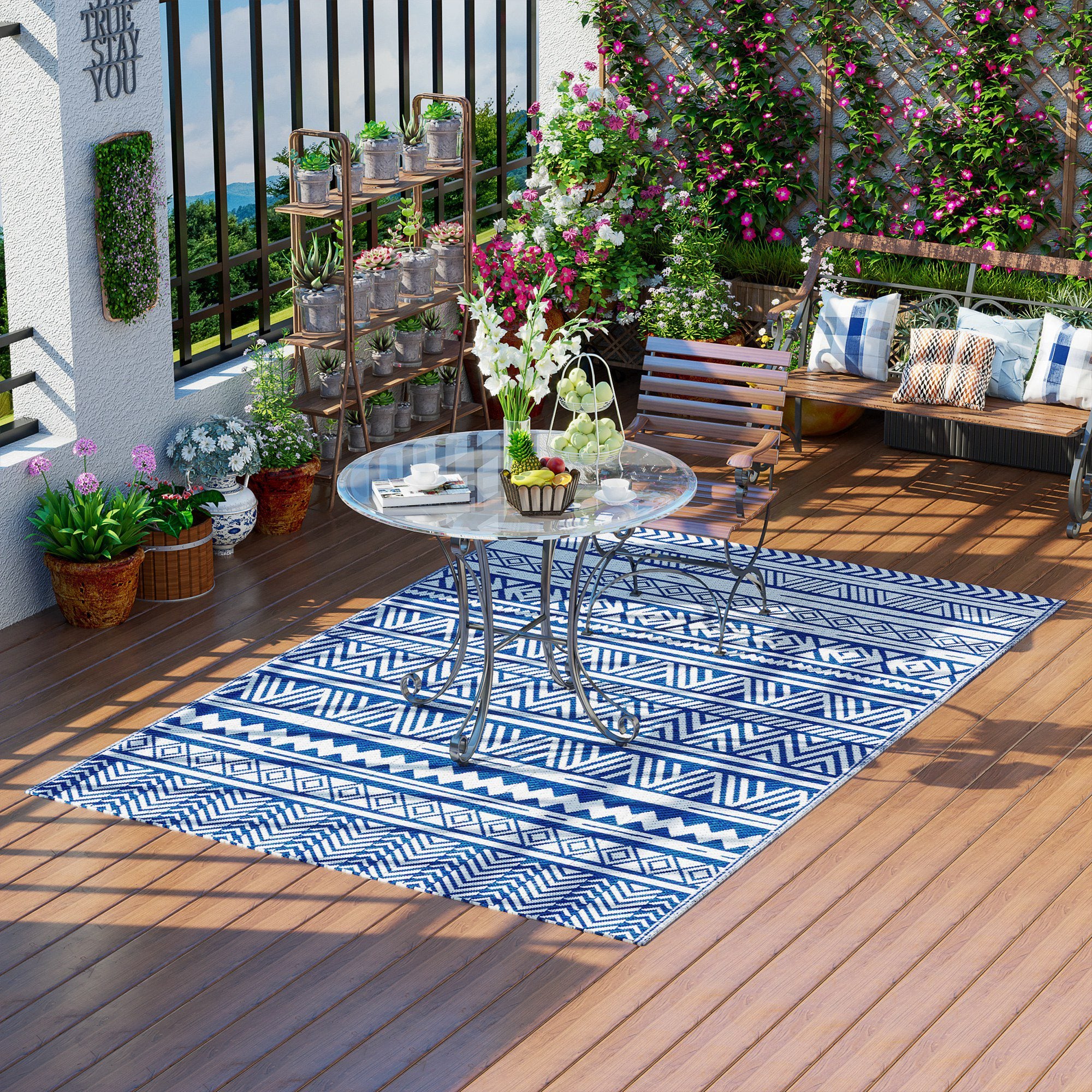 Outdoor Rug 182x274 cm Reversible Rug with Geometric Pattern Waterproof for Terrace Balcony Patio Camping Beach Dark Blue and White