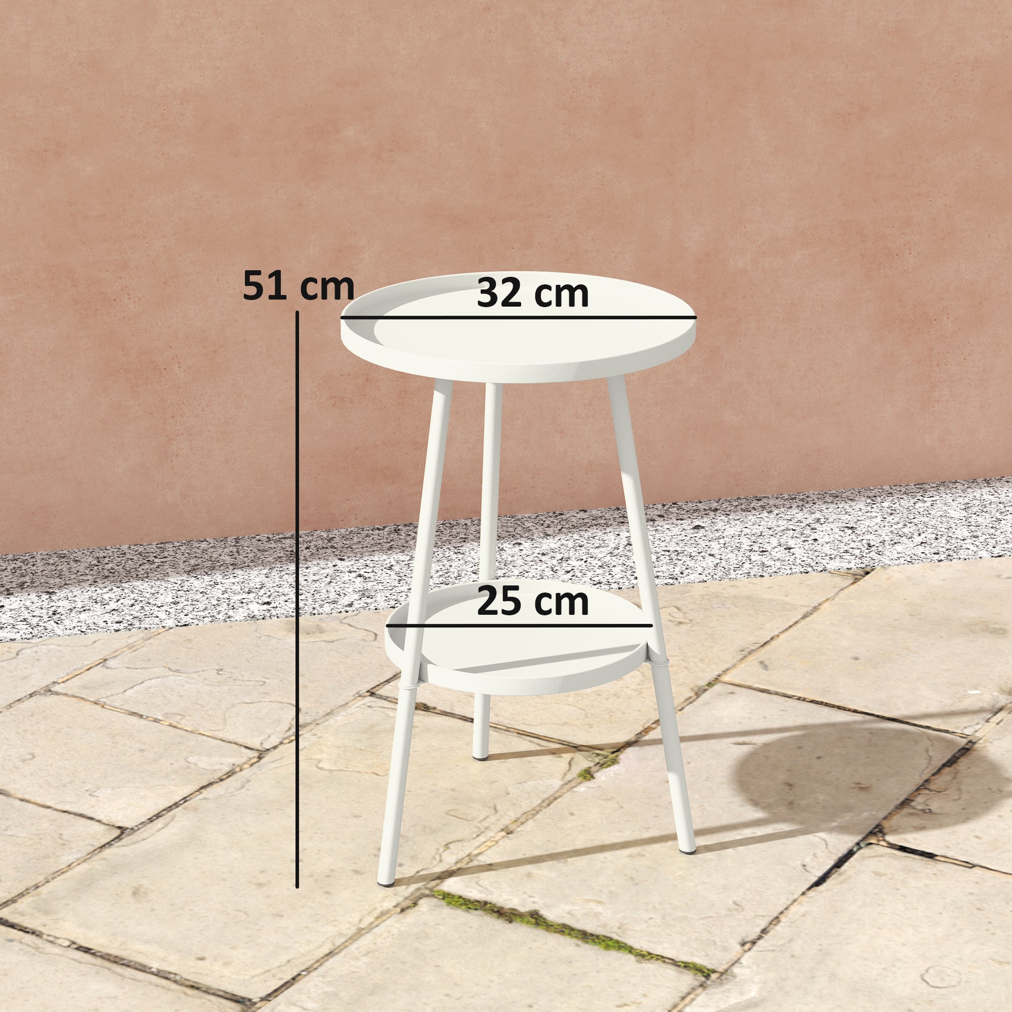 Round 2-Tier Garden Table Outdoor Terrace Table Ø32x51 cm with Bottom Tray and Metal Structure for Indoor and Outdoor Use White