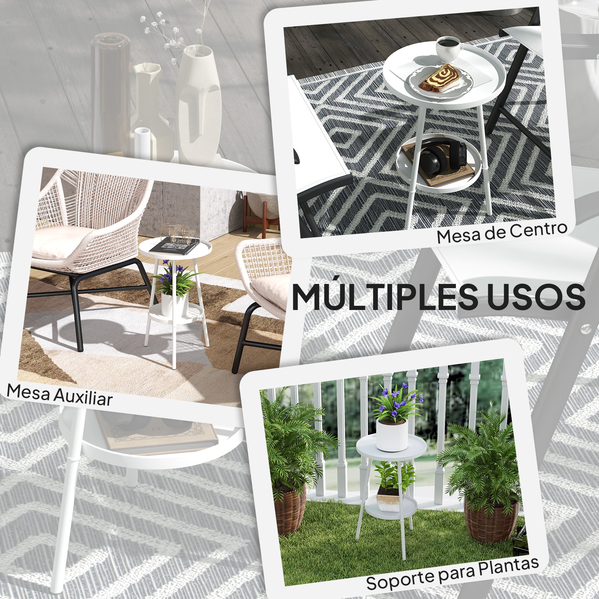 Round 2-Tier Garden Table Outdoor Terrace Table Ø32x51 cm with Bottom Tray and Metal Structure for Indoor and Outdoor Use White