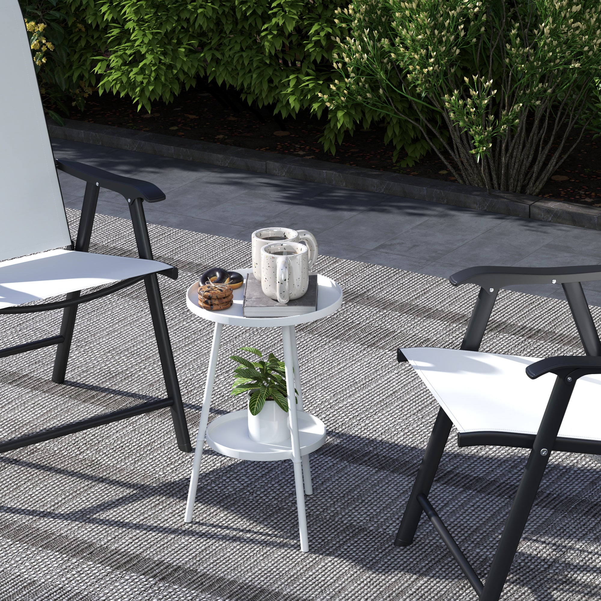 Round 2-Tier Garden Table Outdoor Terrace Table Ø32x51 cm with Bottom Tray and Metal Structure for Indoor and Outdoor Use White
