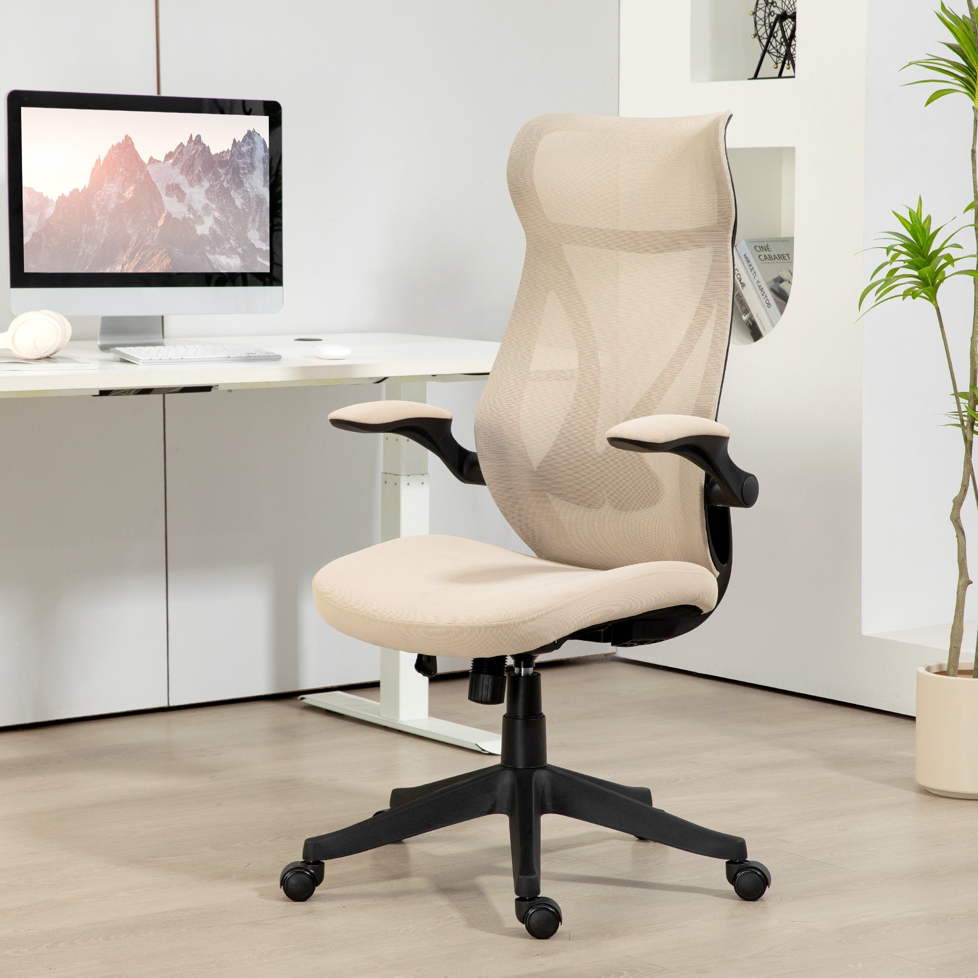 Ergonomic Office Chair with Flip-Up Arms, Swivel Desk Chair with Headrest, Adjustable Height and Rocking Function, Mesh Fabric, for Study, Beige