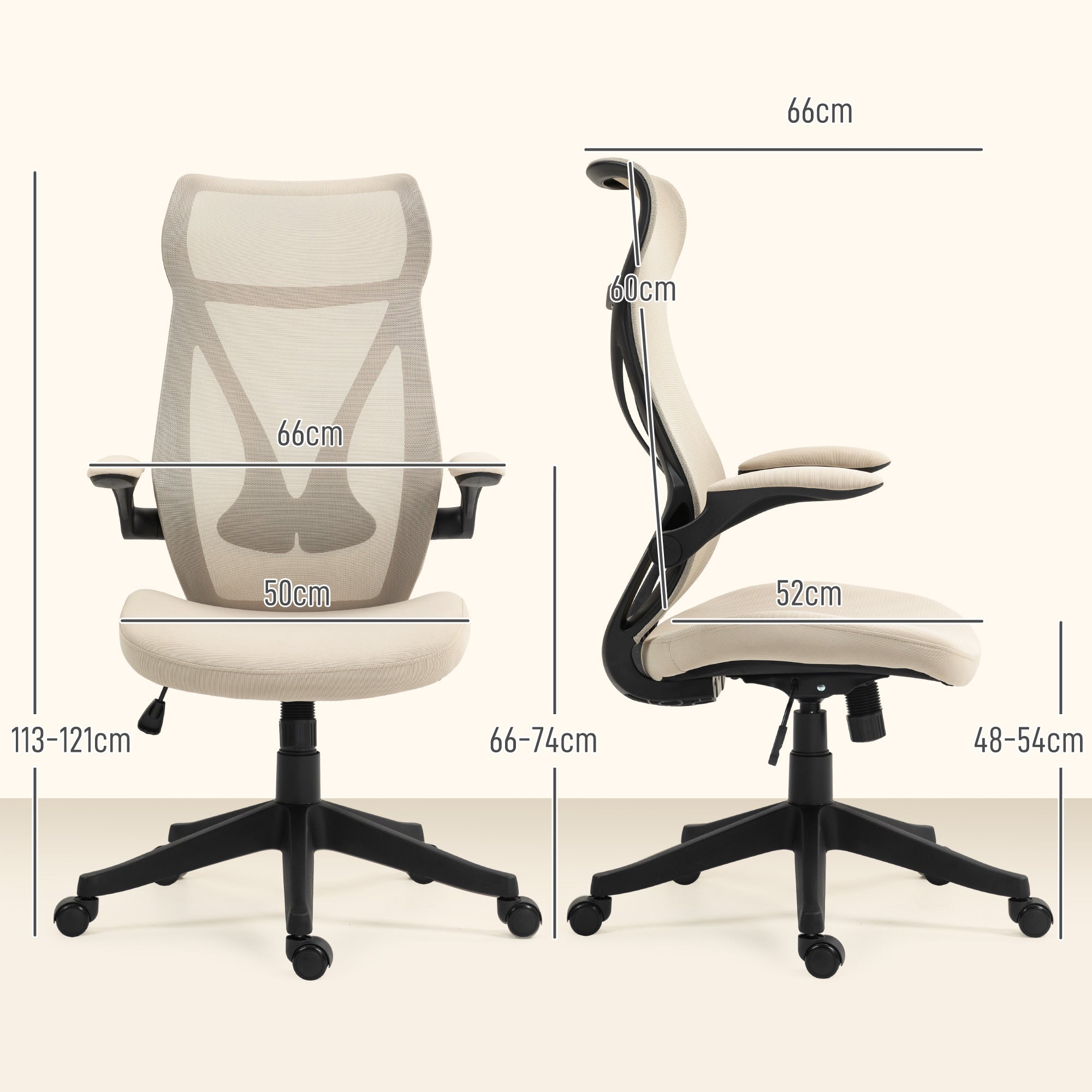 Ergonomic Office Chair with Flip-Up Arms, Swivel Desk Chair with Headrest, Adjustable Height and Rocking Function, Mesh Fabric, for Study, Beige