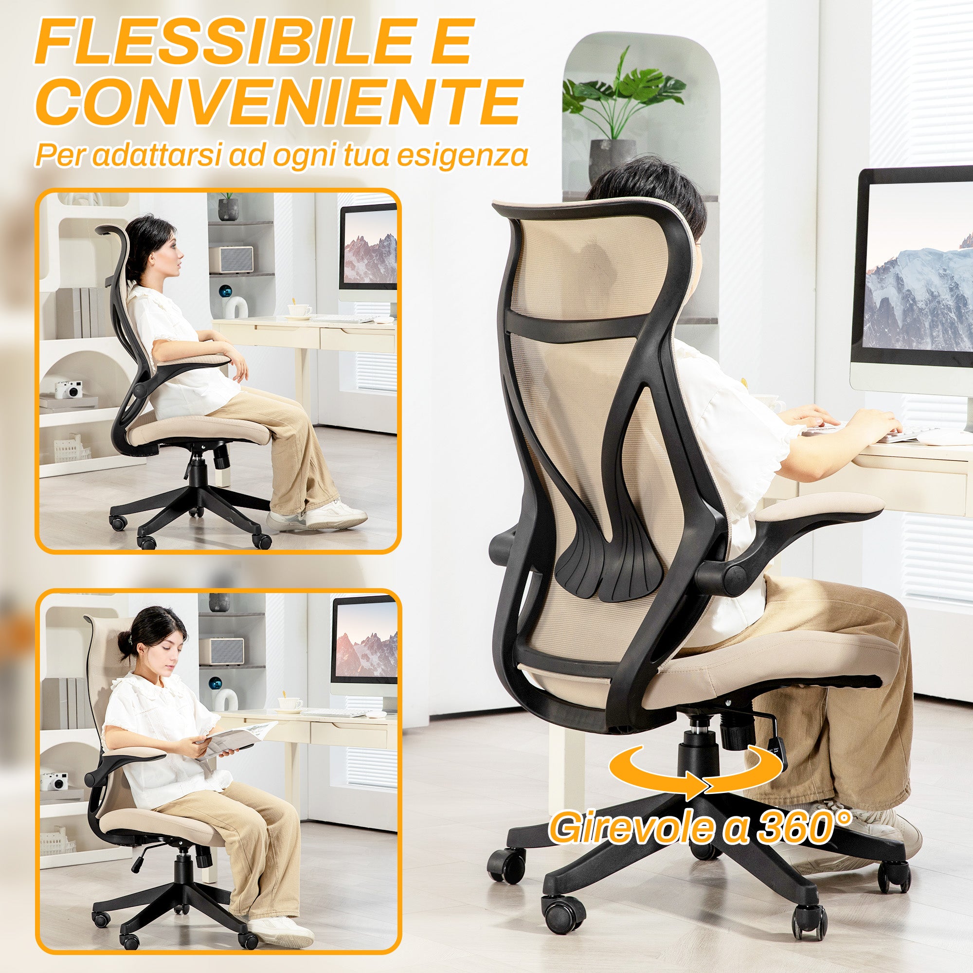 Ergonomic Office Chair with Flip-Up Arms, Swivel Desk Chair with Headrest, Adjustable Height and Rocking Function, Mesh Fabric, for Study, Beige