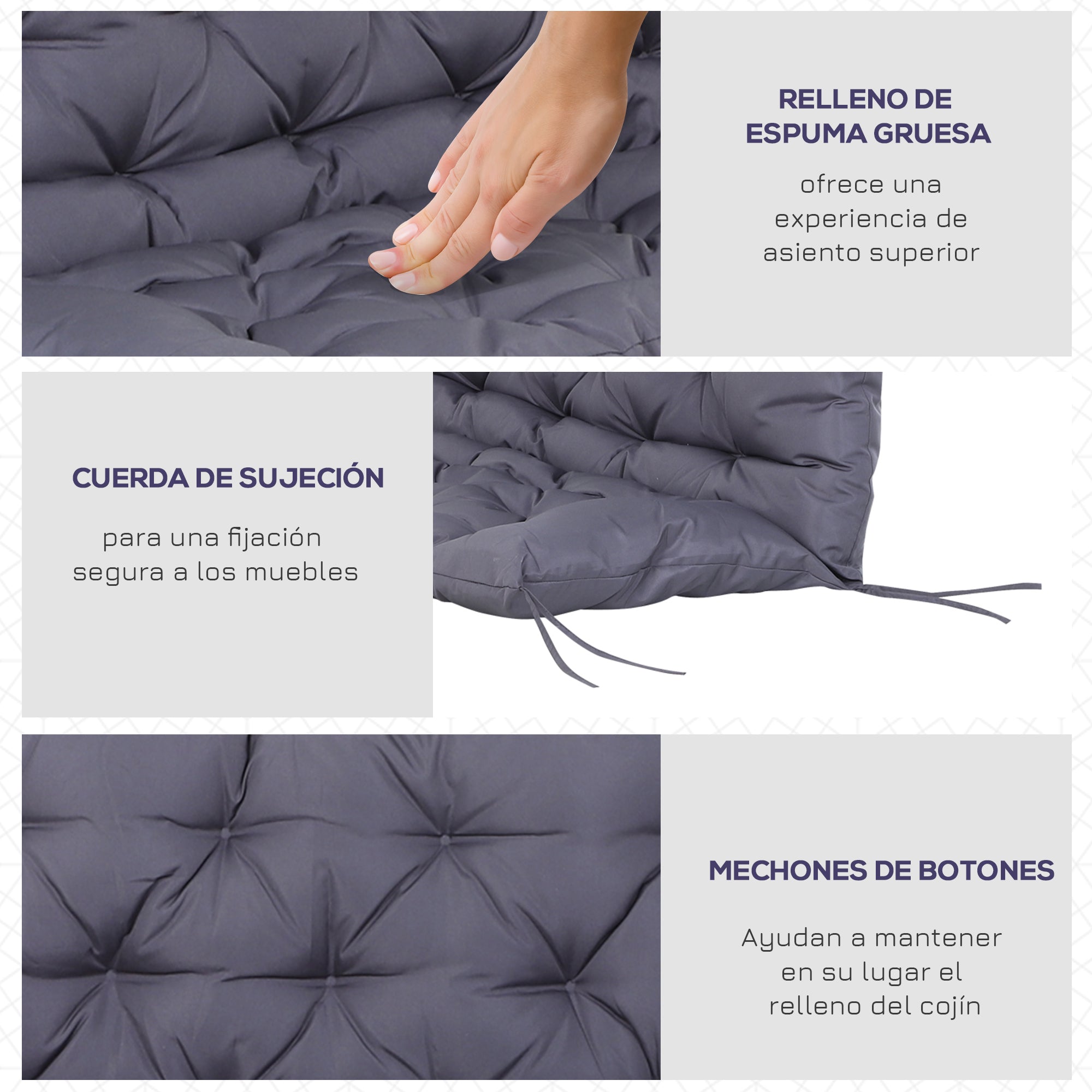 Bench Cushion with Backrest 132x110x10 cm Garden Bench Mattress for 2 Seater Bench with 6 Fastening Strings for Garden Swing Terrace Dark Gray