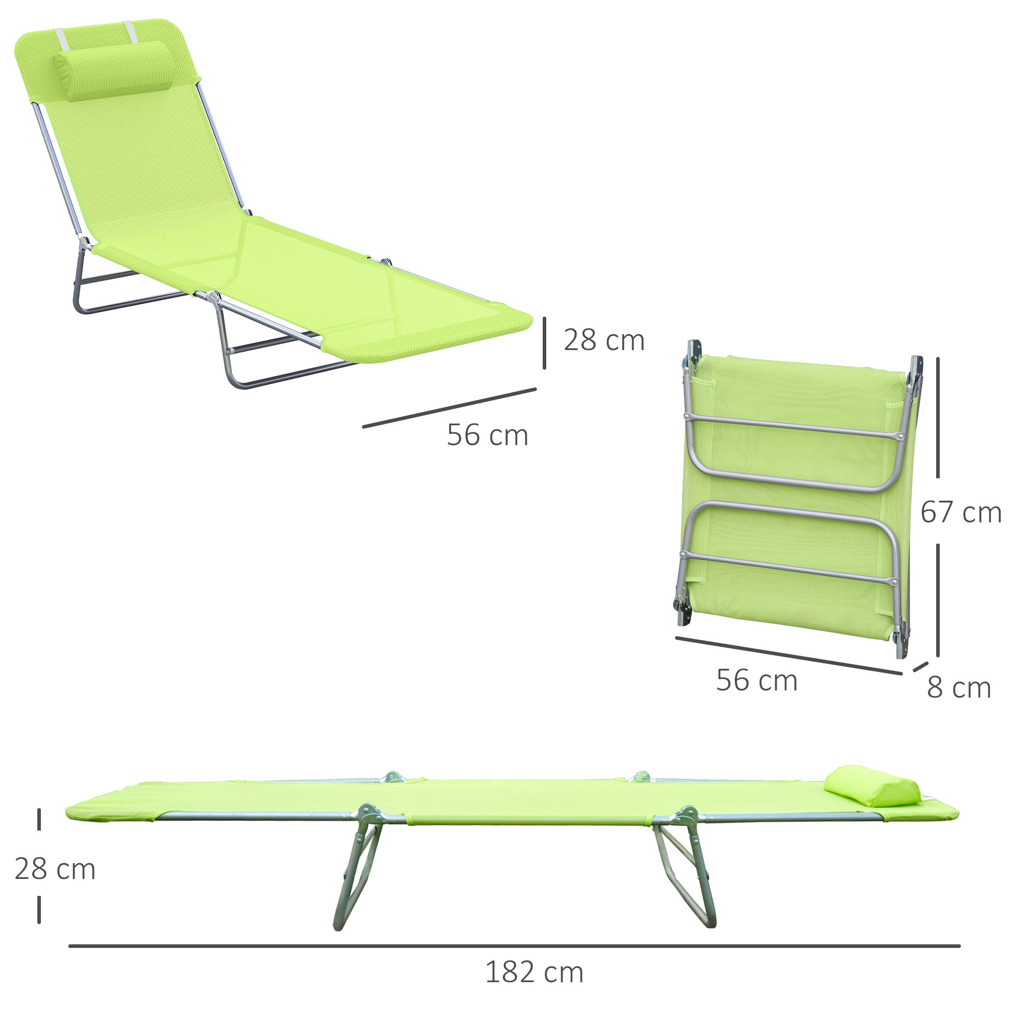 Foldable Sun Lounger with Adjustable Backrest and Cushion, Garden, Beach, and Camping Lounger, Green