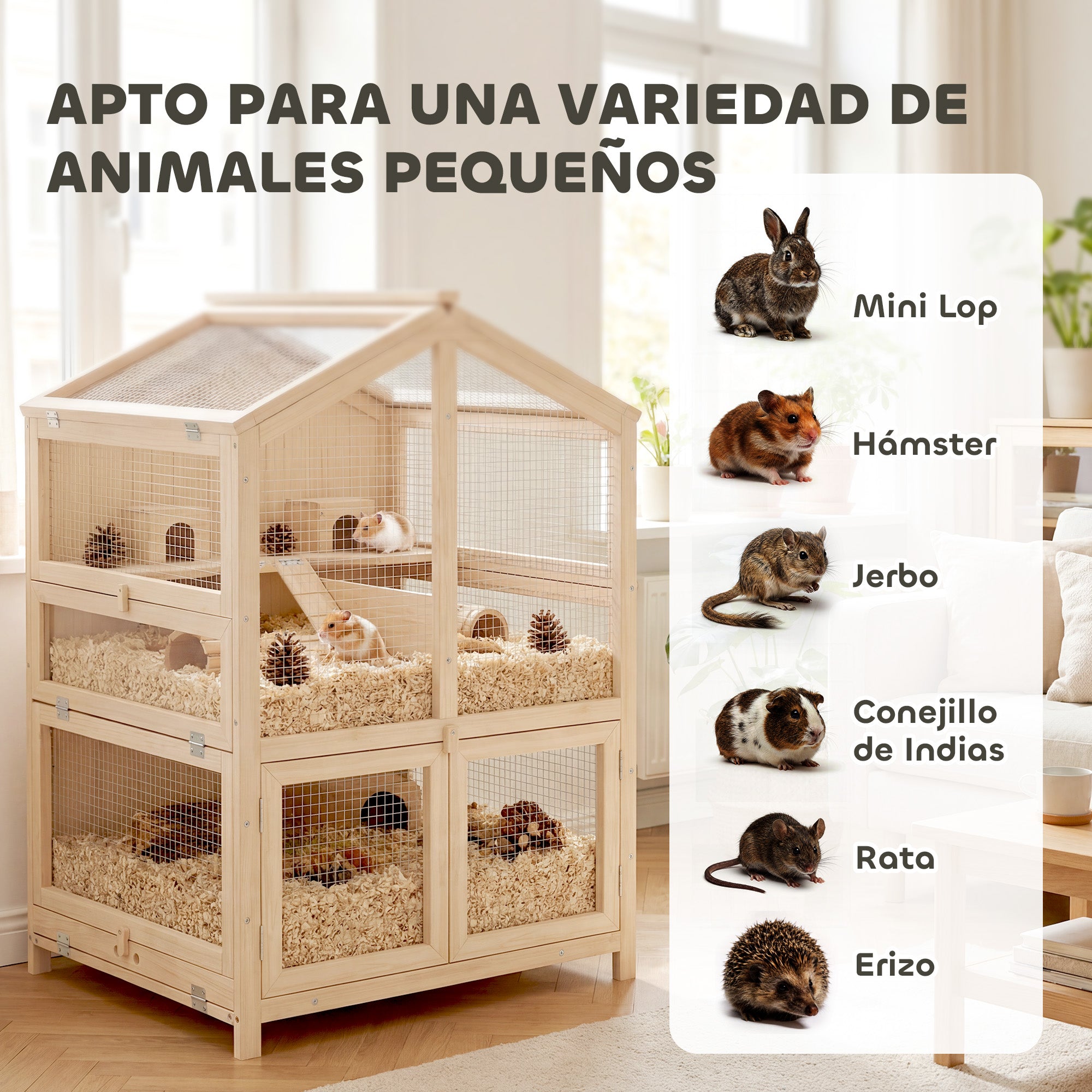 3-Level Fir Wood Hamster Cage with Ramps, Platforms, Nests & Removable ABS Tray — 26.8 × 24.2 × 35.4 in (68 × 61.5 × 90 cm), Natural