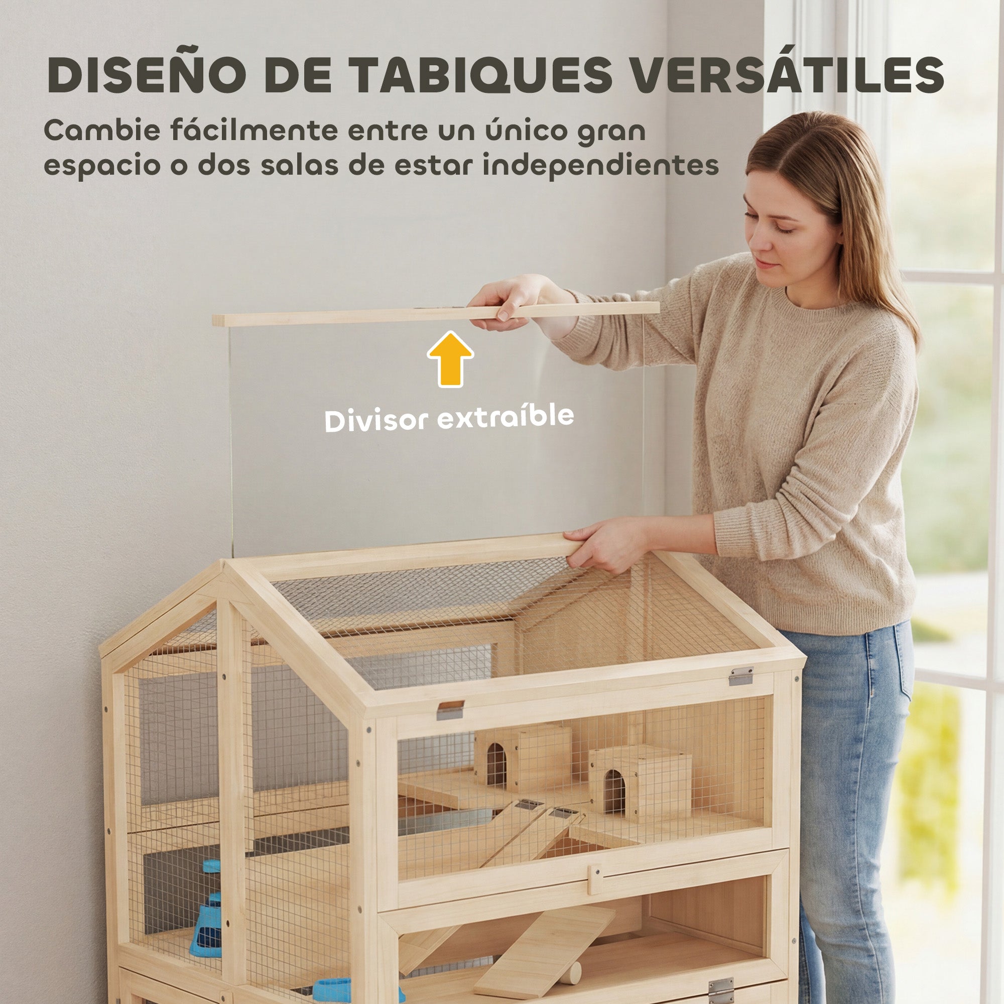 3-Level Fir Wood Hamster Cage with Ramps, Platforms, Nests & Removable ABS Tray — 26.8 × 24.2 × 35.4 in (68 × 61.5 × 90 cm), Natural