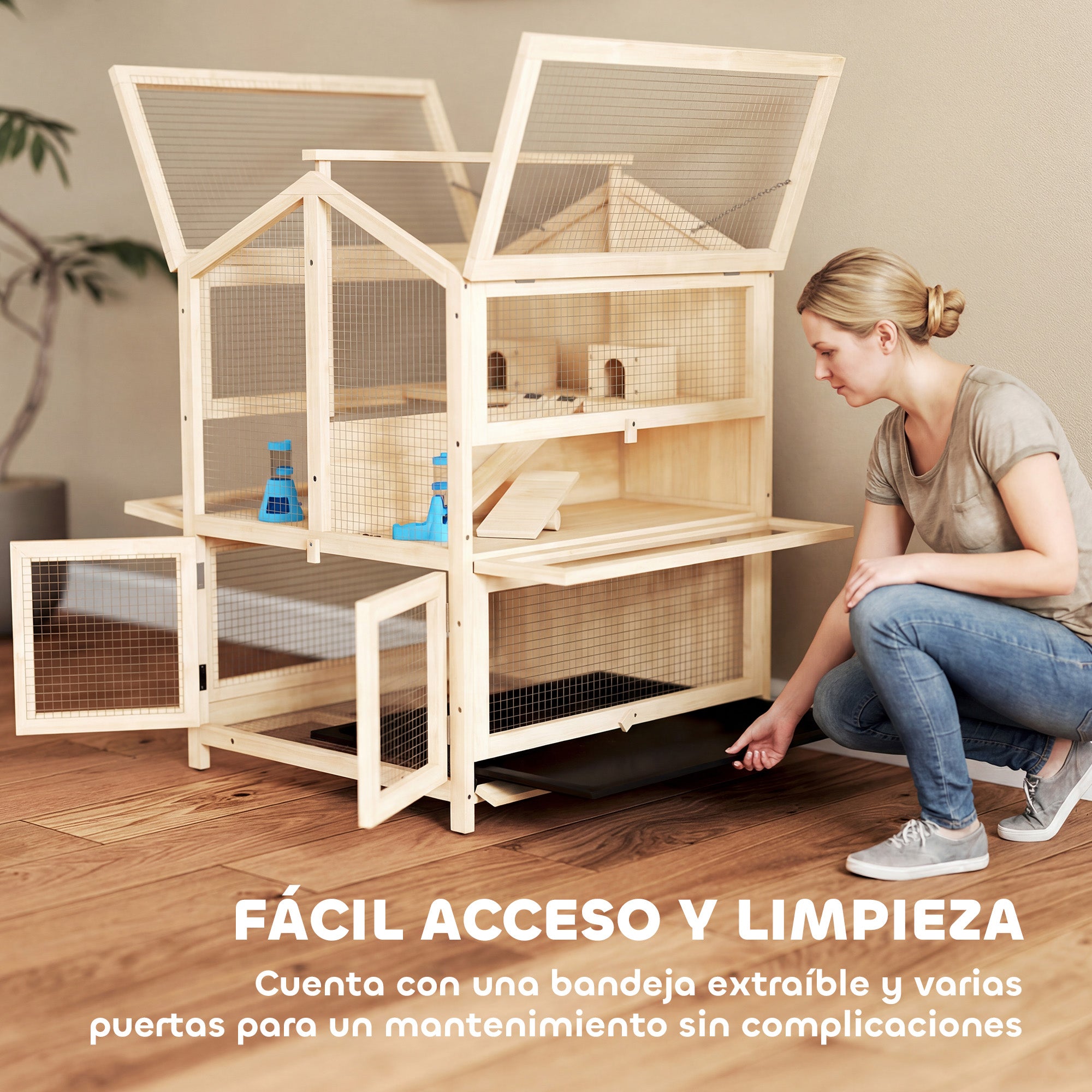 3-Level Fir Wood Hamster Cage with Ramps, Platforms, Nests & Removable ABS Tray — 26.8 × 24.2 × 35.4 in (68 × 61.5 × 90 cm), Natural