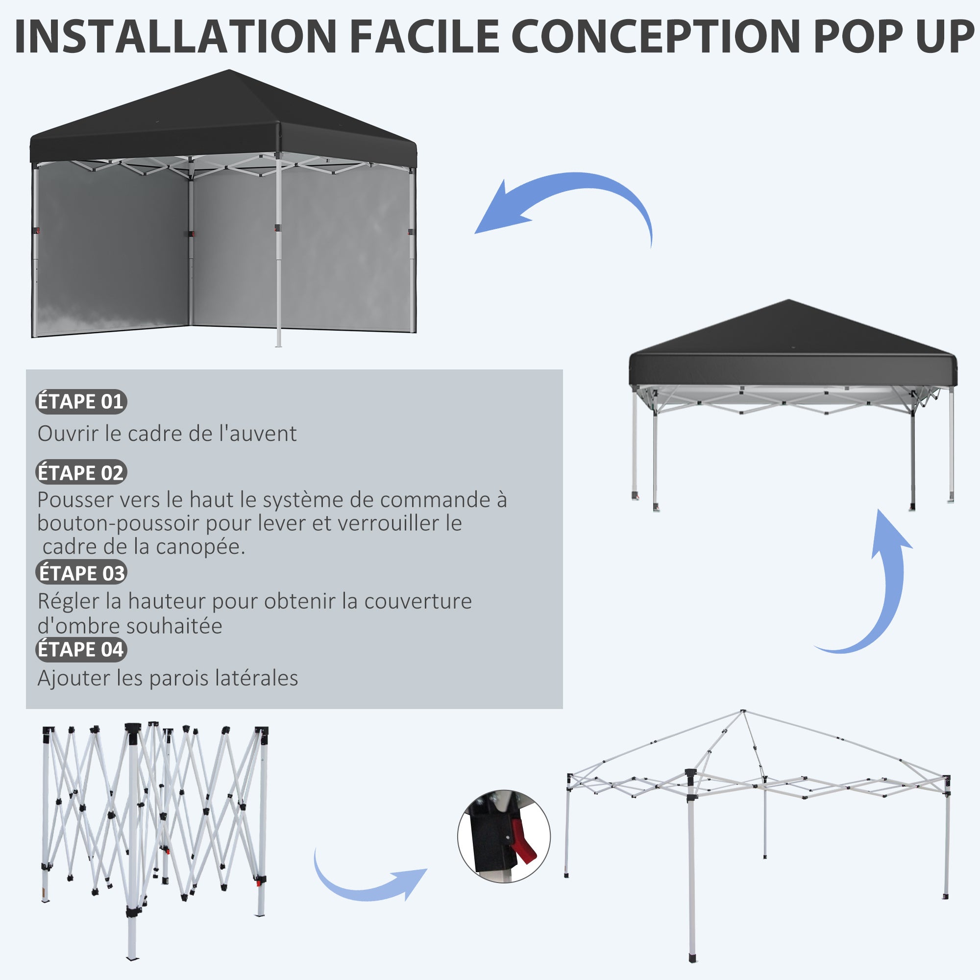 Pop-up folding garden gazebo adjustable in height UV 30+ protection 2 sidewalls - includes carrying bag - for outdoor party, event - 297 x 297 x 288 cm black