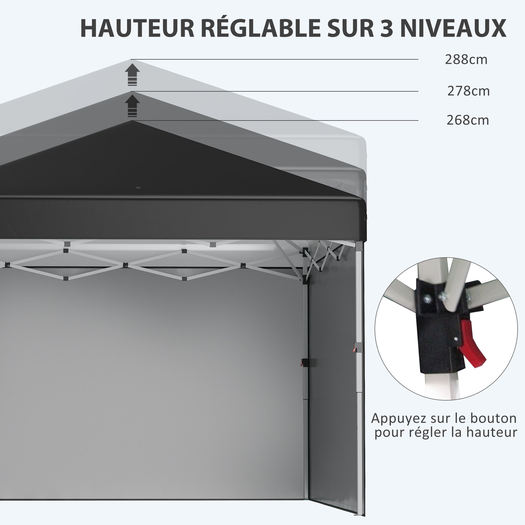 Pop-up folding garden gazebo adjustable in height UV 30+ protection 2 sidewalls - includes carrying bag - for outdoor party, event - 297 x 297 x 288 cm black