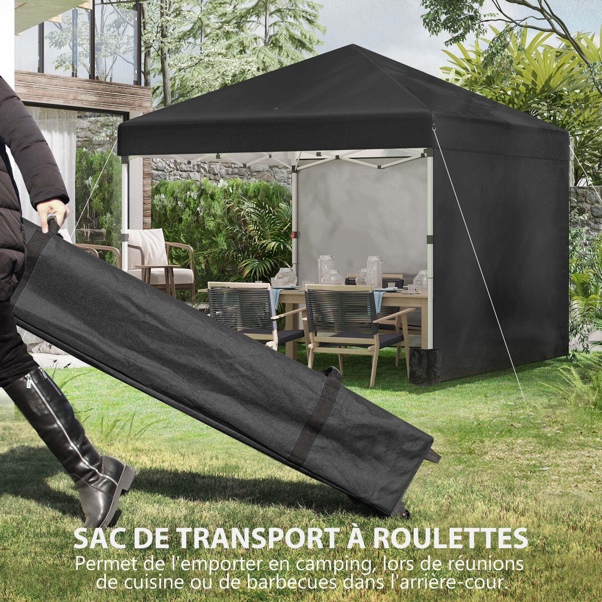Pop-up folding garden gazebo adjustable in height UV 30+ protection 2 sidewalls - includes carrying bag - for outdoor party, event - 297 x 297 x 288 cm black