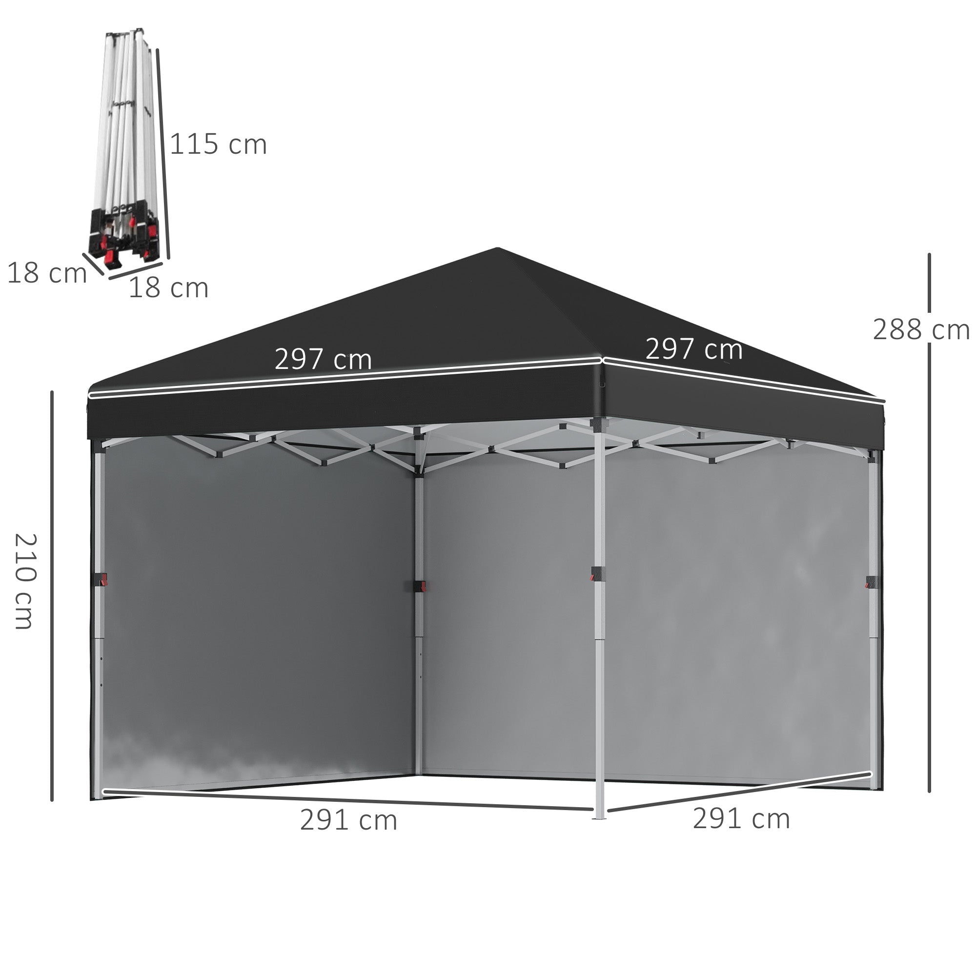 Pop-up folding garden gazebo adjustable in height UV 30+ protection 2 sidewalls - includes carrying bag - for outdoor party, event - 297 x 297 x 288 cm black